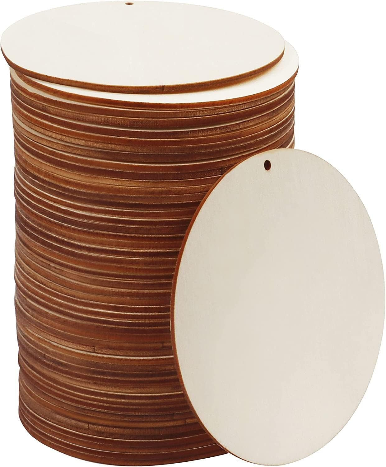 100 PCS 4 Inch Wood Circles for Crafts,Round Wood Discs with Holes, Wood Signs to Paint,Blank round Wood Tags for Ornaments,Unfinished Wood Crafts for Diy,Painting,Staining,Coasters,Home Decorations