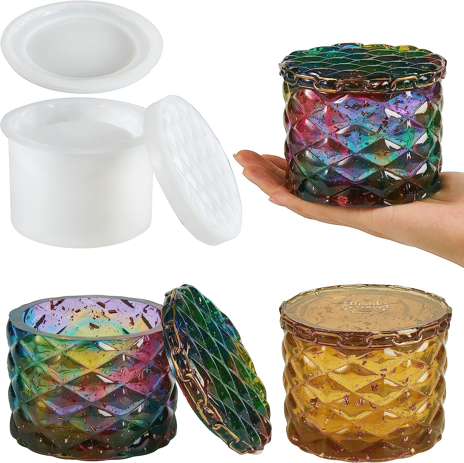 Jar Resin Molds Silicone, Large Diamond Jar Silicone Molds with 2Pcs Lid, Epoxy Jar Molds for Storage Box,Candy Jewelry Container,Home Decoration,Diy Resin Epoxy Casting Craft