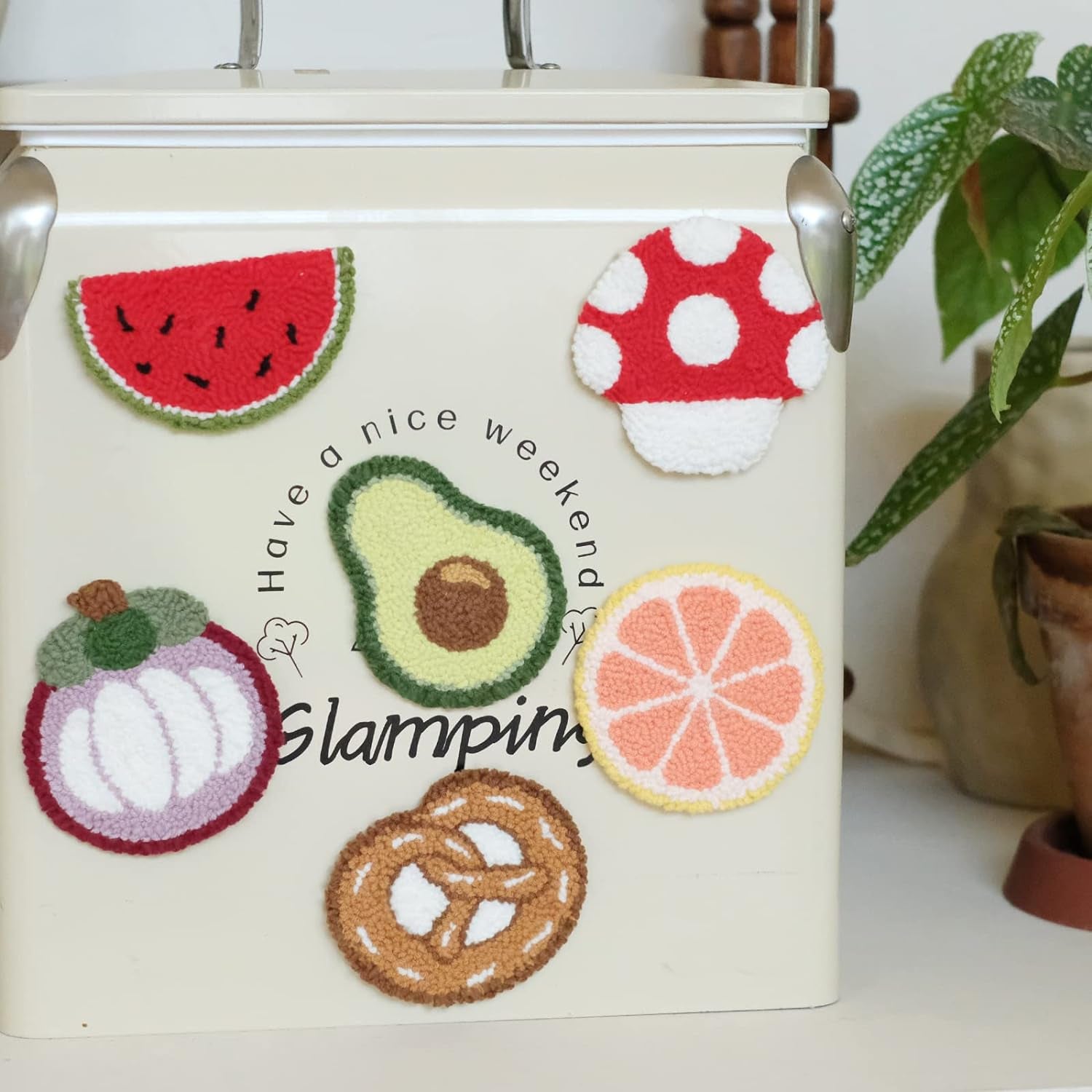 6PCS Embroidery Punch Needle Food Series Refrigerator Magnets Set, Rug Punch Decoration DIY Kit for Children and Adult Beginner