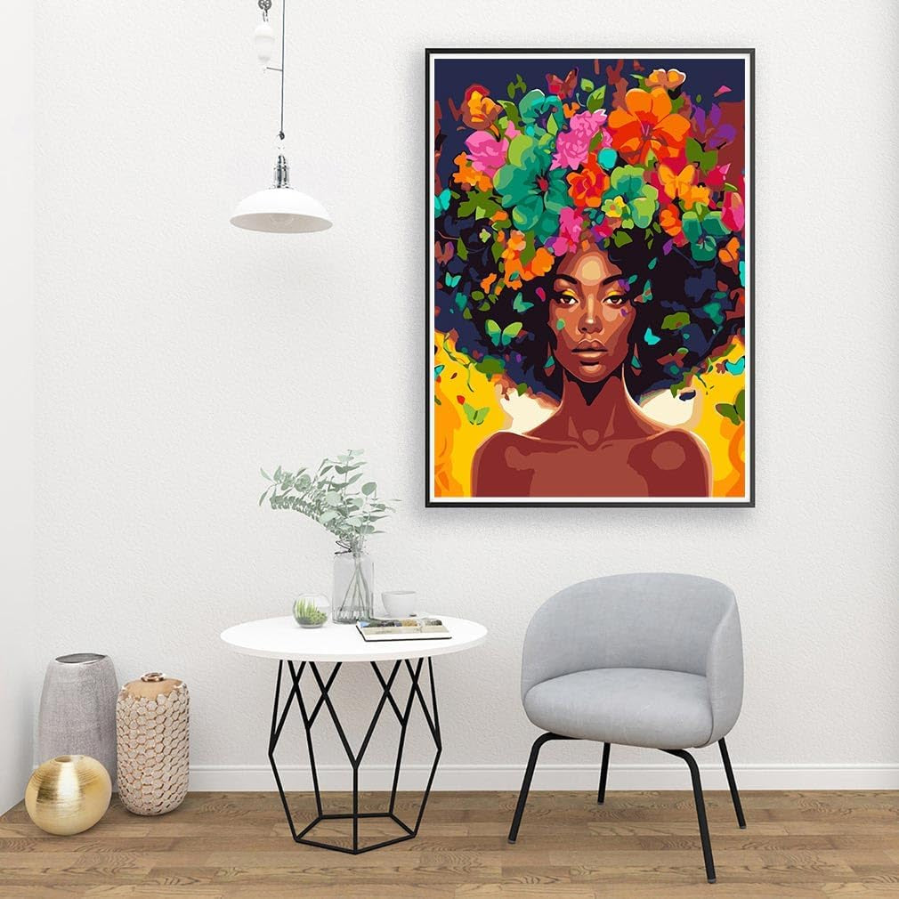 DIY African Woman Paint by Numbers for Adults Canvas, Flowers and Girl Paint by Number Kits on Canvas - Frameless Oil Painting Kits Arts and Crafts for Home Decor Present 16X20 Inch