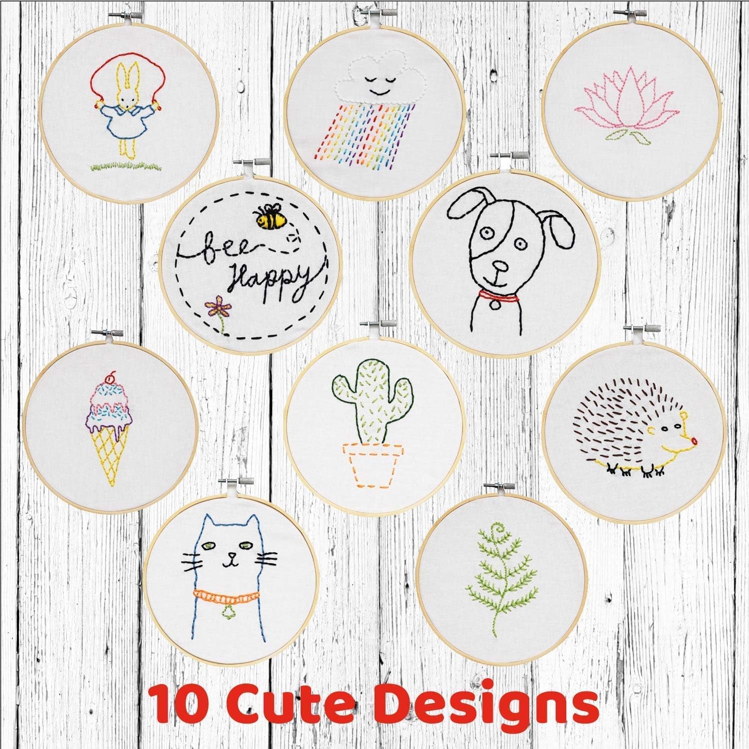 Embroidery Sewing Kit for Beginners, Kids Craft Kit Gift for Girls Boys Ages 8-12, 10 Projects, Embroidery Hoops, Fabric, Patterns, Floss, Needles, Needlepoint Cross Stitching Supplies