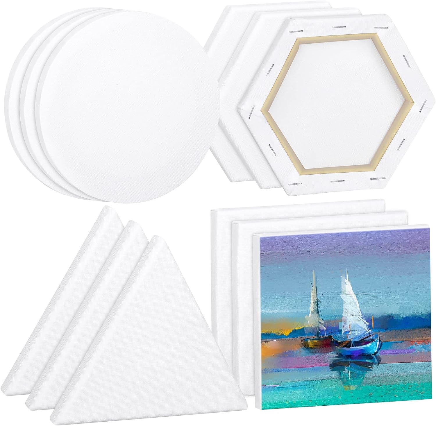 12 Pieces Stretched Canvas Blank Painting Canvas 6 Inch Panel Artist White Canvas Boards Triangle Square Hexagon round Shape Canvas Frame for Acrylic Pouring Oil Painting