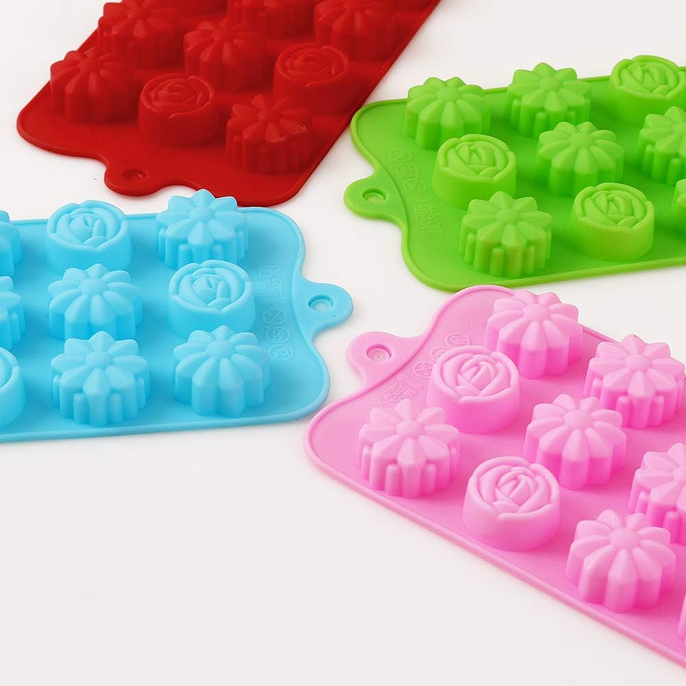 Flower Shape Silicone Molds, 4 Packs 15 Cavity Nonstick Food Grade Silicone Molds DIY for Chocolates, Candies, Ice Cubes, Jellos, Handmade Soap, and Bath Bombs
