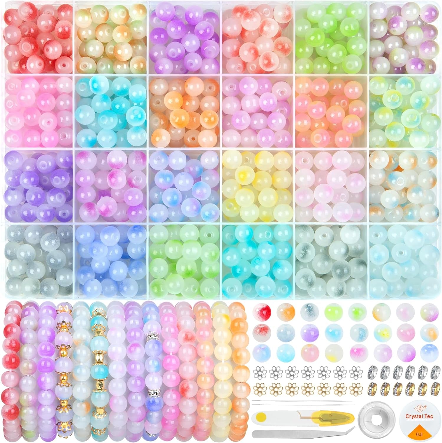 700Pcs Glass Beads for Jewelry Making, 24 Color 8Mm Glass Crystal Beads Friendship Bracelets Making Kit for DIY Earrings Necklaces Rings