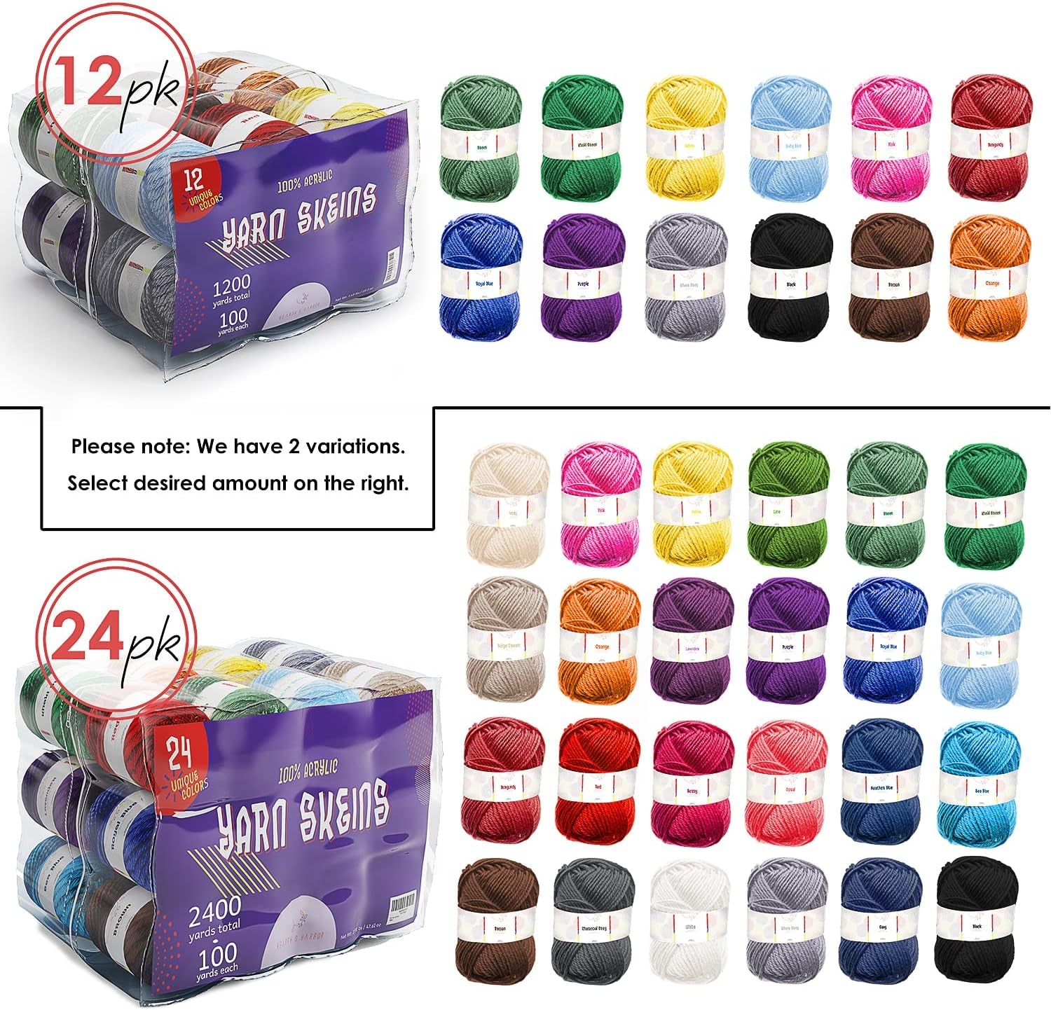 Soft Yarn 2400 Yards (24X50G), Acrylic Yarn for Crocheting & Knitting, 24 Vivid Colors, Perfect for Crafts, Amigurumi Yarn Set