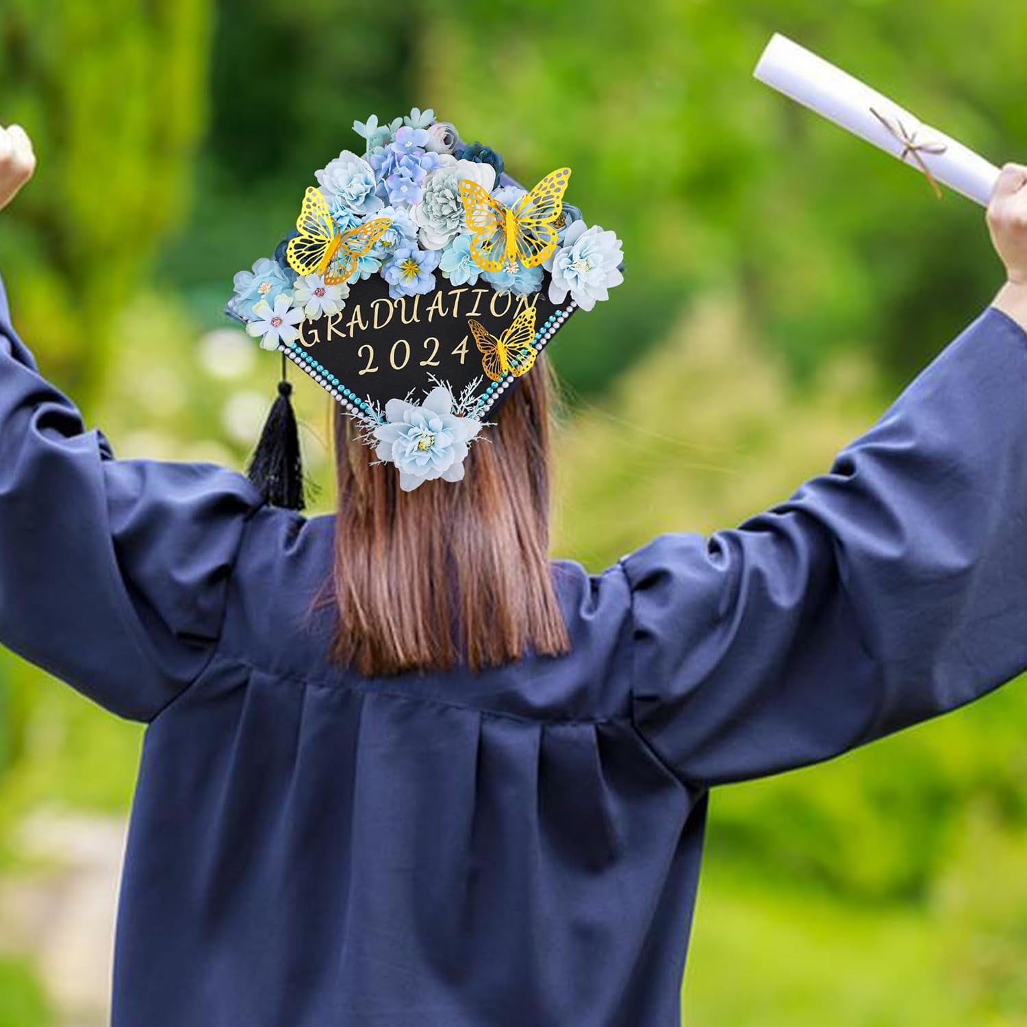 Graduation Cap Decorations Kit Include Assorted Flowers 3D Butterfly Stickers Glitter Rhinestones Alphabet Letter Number Stickers for DIY Grad Cap 2024 Graduation Party Supplies (Blue Flower)