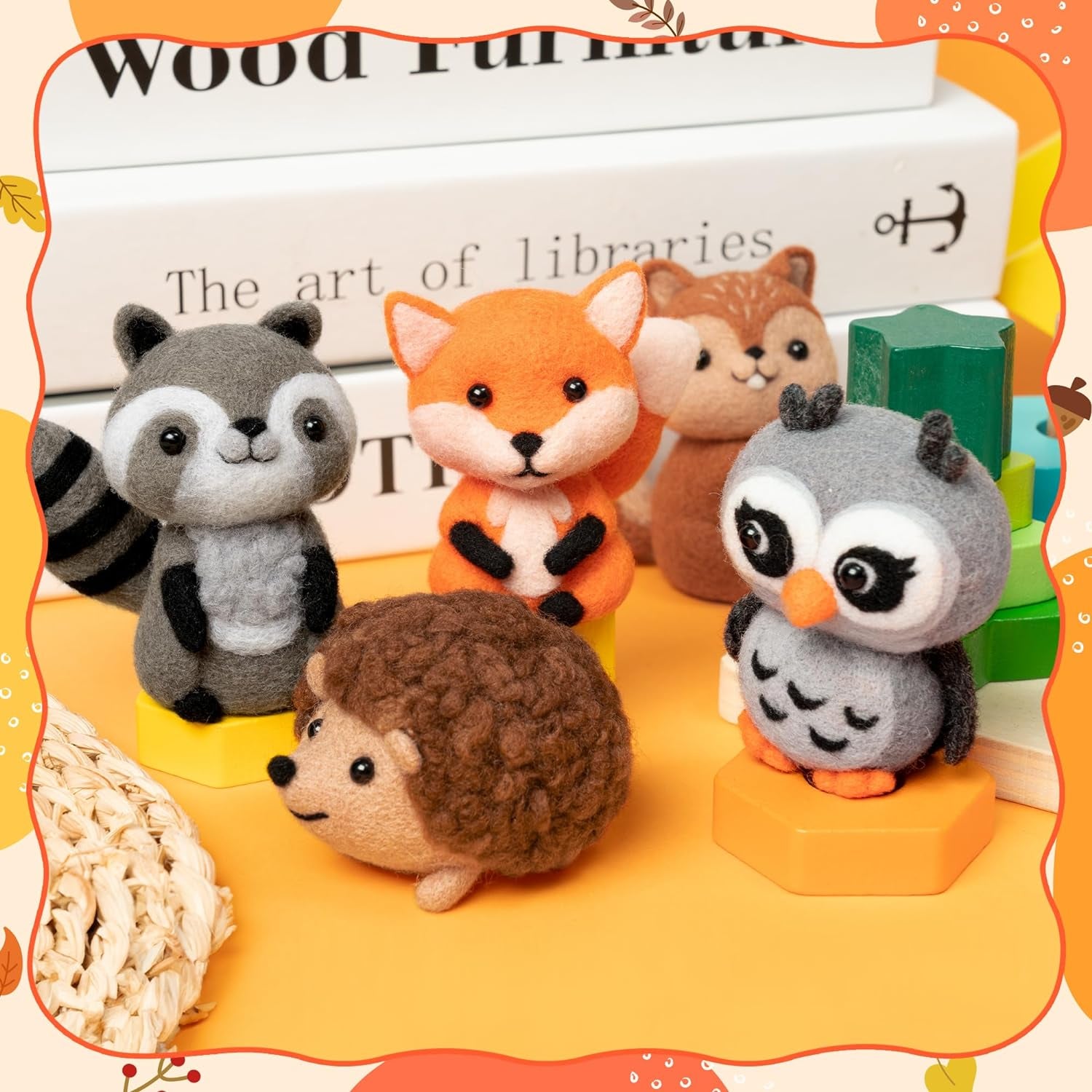 Set of 5 Woodland Wool Needle Felting Kit, Fox Owl Hedgehog Squirrel Raccoon Animal Doll Wool Felt Needle Felting Tools Foam Pad, DIY Needle Felting Craft Party Supplies for Beginners