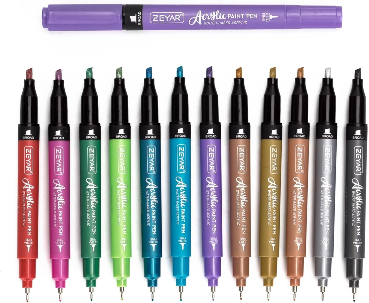 Acrylic Paint Pen, Needle Extra Fine and Chisel Point, 12 Metallic Colors, Waterproof Ink, Works on Rock, Wood, Glass, Metal, Ceramic and More