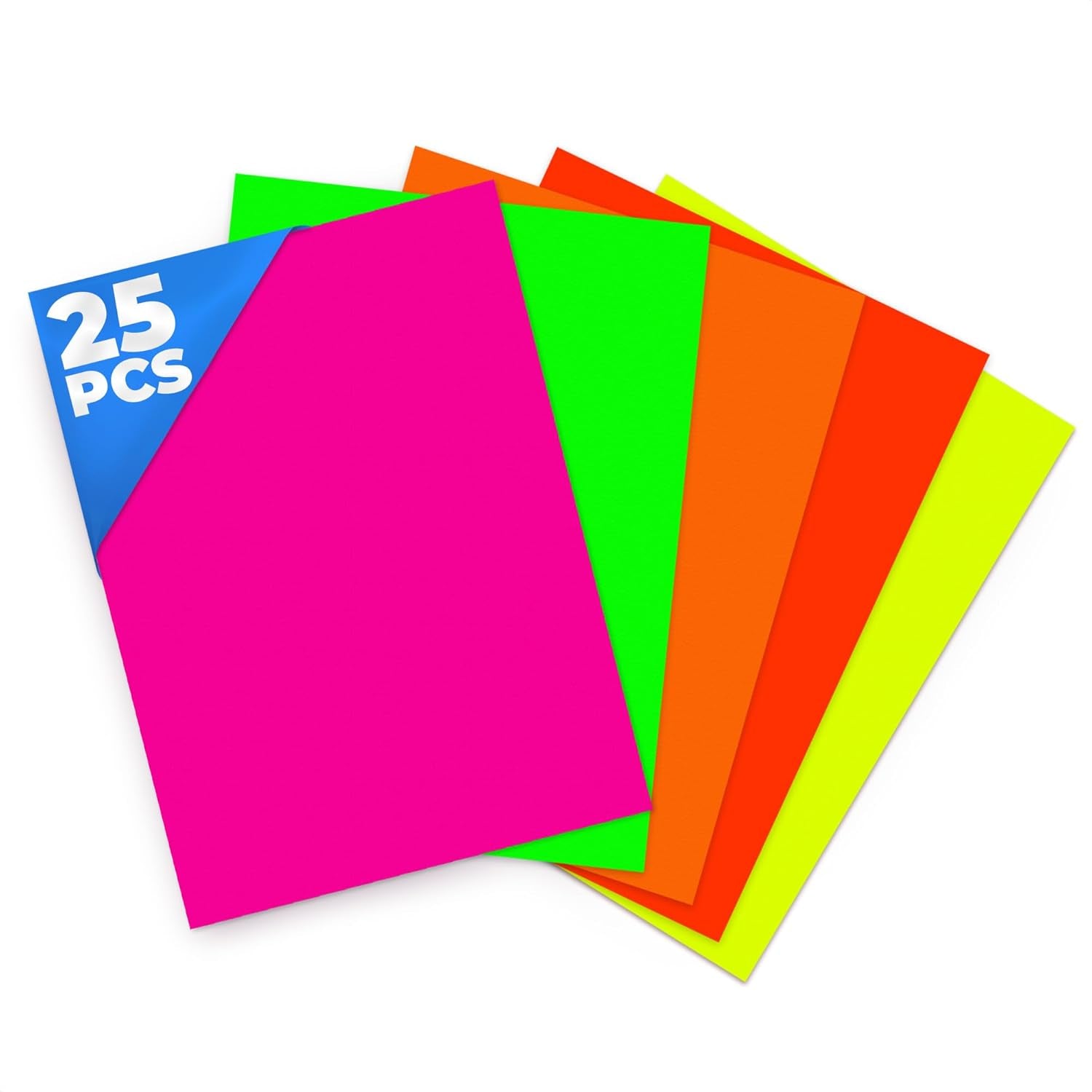 25 Sheets Neon Paper - Glow in the Dark Papers Neon Cardstock DIY Dance Floor Fluorescent Black Light UV Reactive - Neon Party Decorations Cardstock Colored Paper Neon Birthday Party Sheets 5 Colors