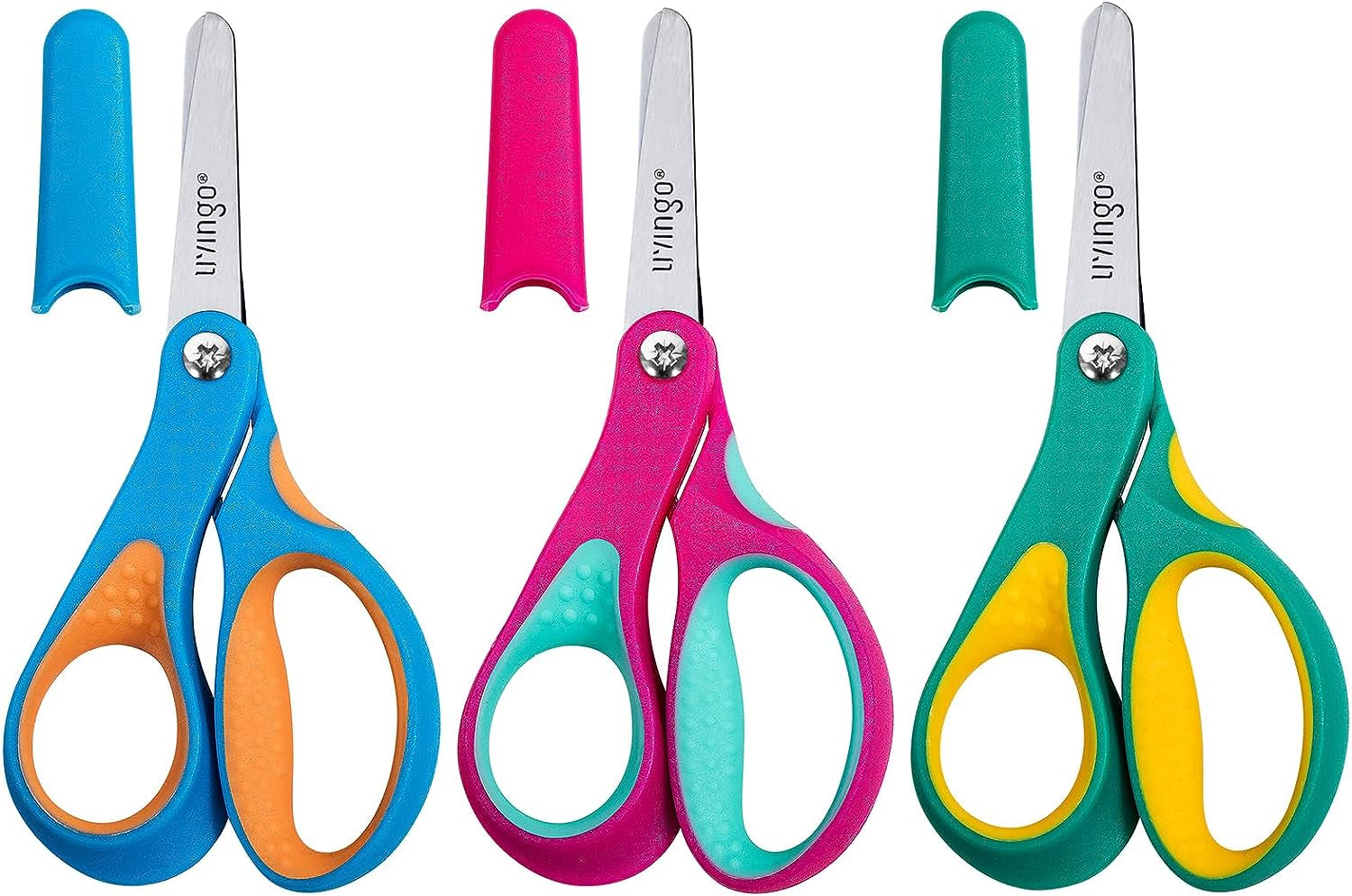 Left Handed Kids Scissors: Blunt Tip Safety Lefty Toddler Child Scissors for School Craft Cutting Paper - 3 Pack 5 Inches Comfort Grip Green, Rose Pink, Blue