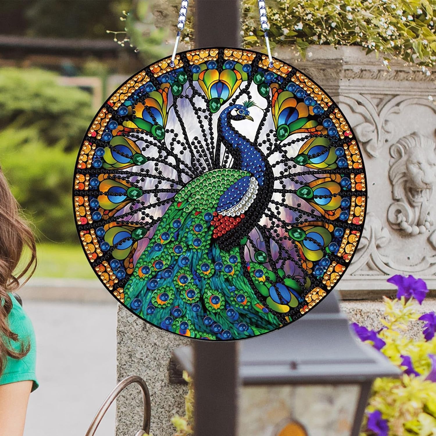 5D Peacock Diamond Painting Kits Hanging Pendants Wall Art Colored Imitation Glass Art Point Drill Crystal Diamond Art Window Pendants Home Garden Wall Door Birthday Festival Gifts