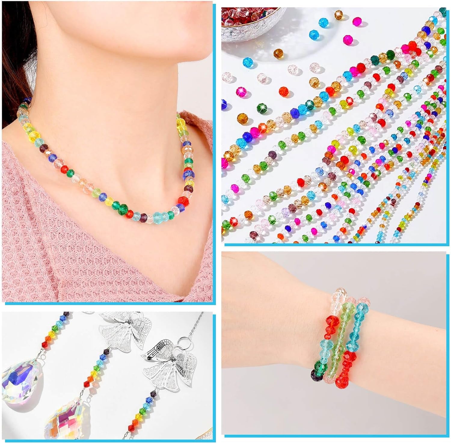 2000 Pcs Briolette Crystal Glass Beads for Jewelry Making, Rondelle Crystal Beads for Crafts and Suncatchers, 10 Coloers, 3 Sizes(4Mm, 6Mm, 8 Mm)