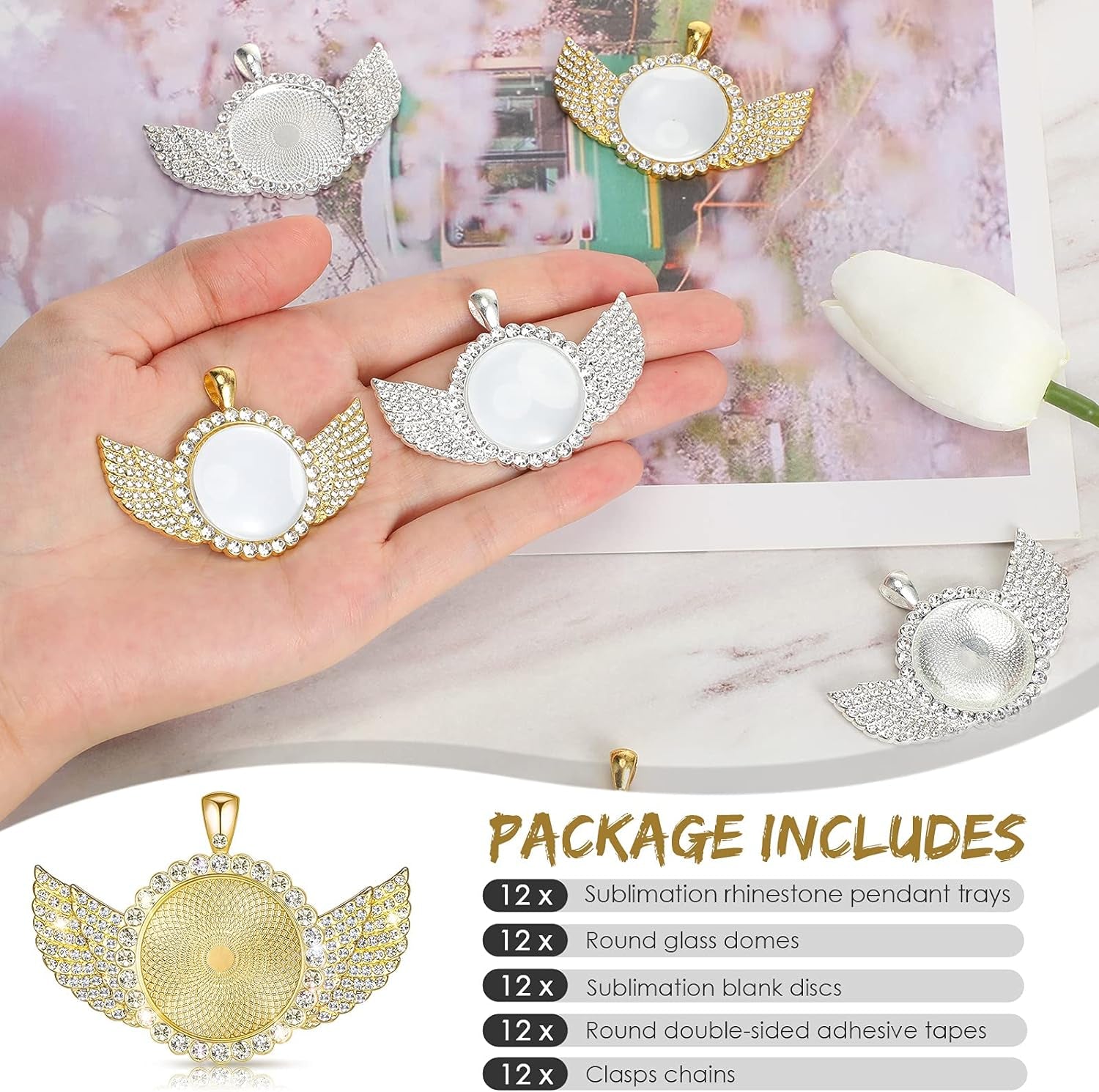 60 Pcs Sublimation Angel Wing Jewelry Blanks Set Rhinestone Bezel Pendant Trays Glod and Silver Sublimation Necklace Blank with Chain Set for Making Crafts Wedding Jewelry Gifts
