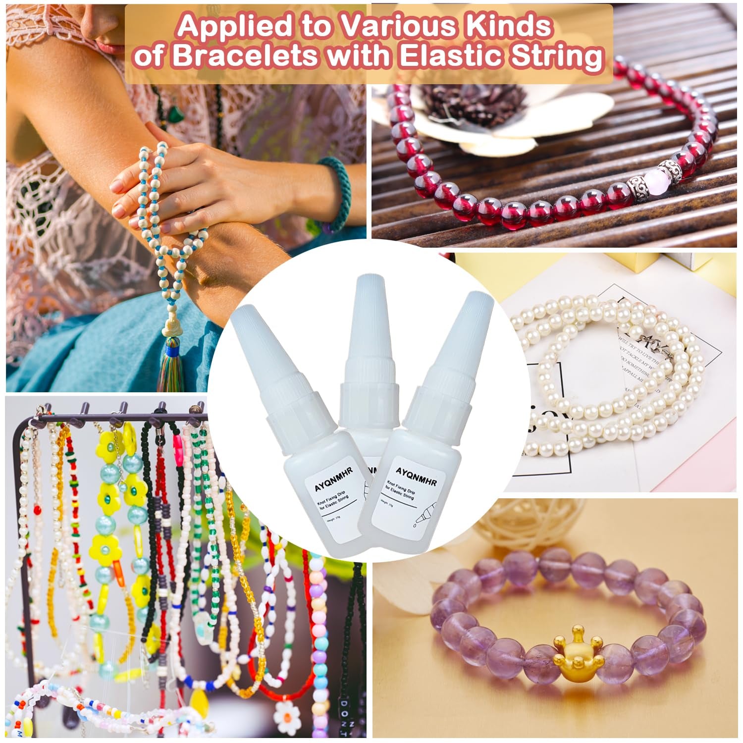 3PCS Professional Bracelet Kont Fixing Drip for Elastic String, Keep Bracelet String Knot Stay Tied for DIY Craft Jewelry Making Kit