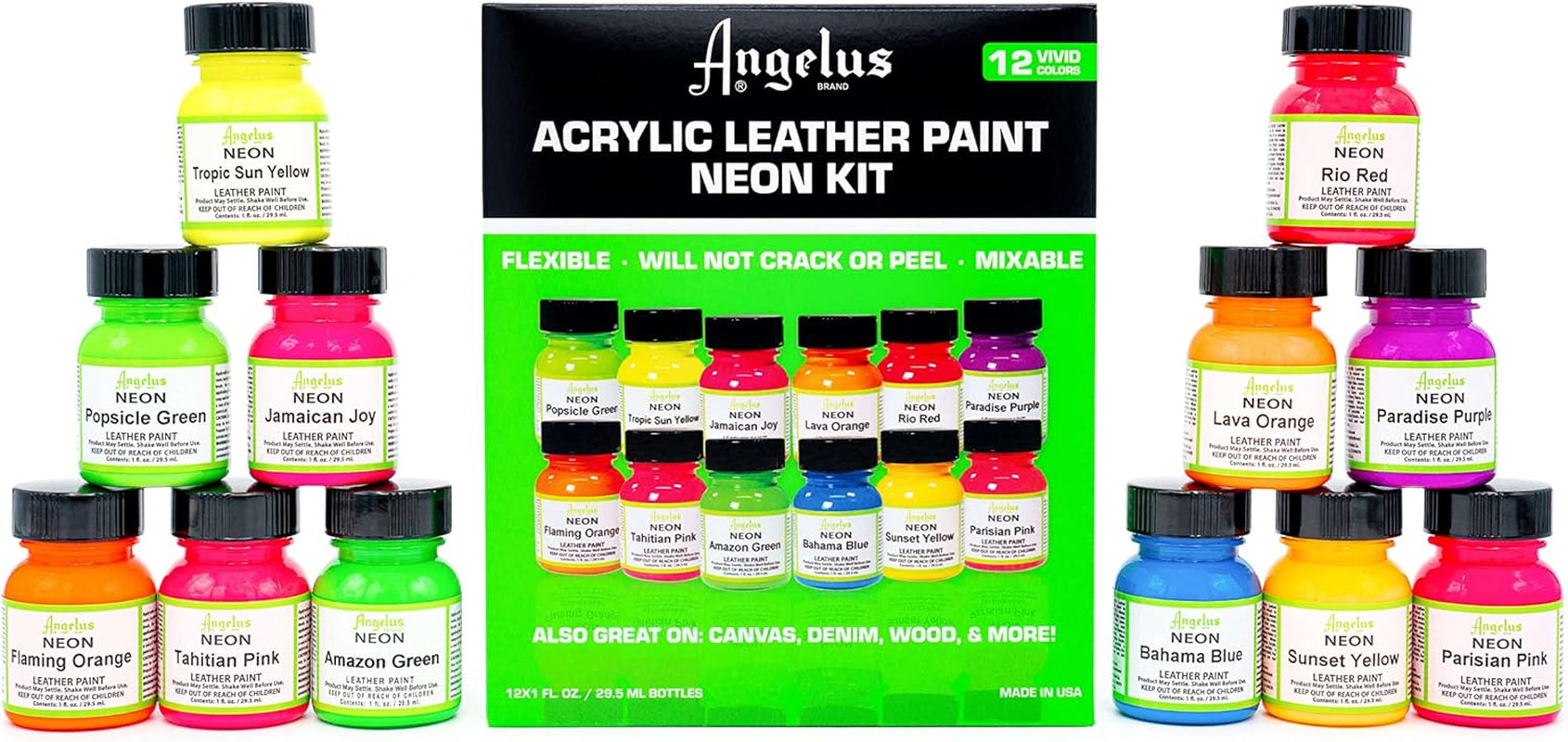 Neon Leather Paint 1Oz 12 Color Set Kit for Sneakers, Shoes Boots, Jackets, Shirts, Cups, & More- Made in USA