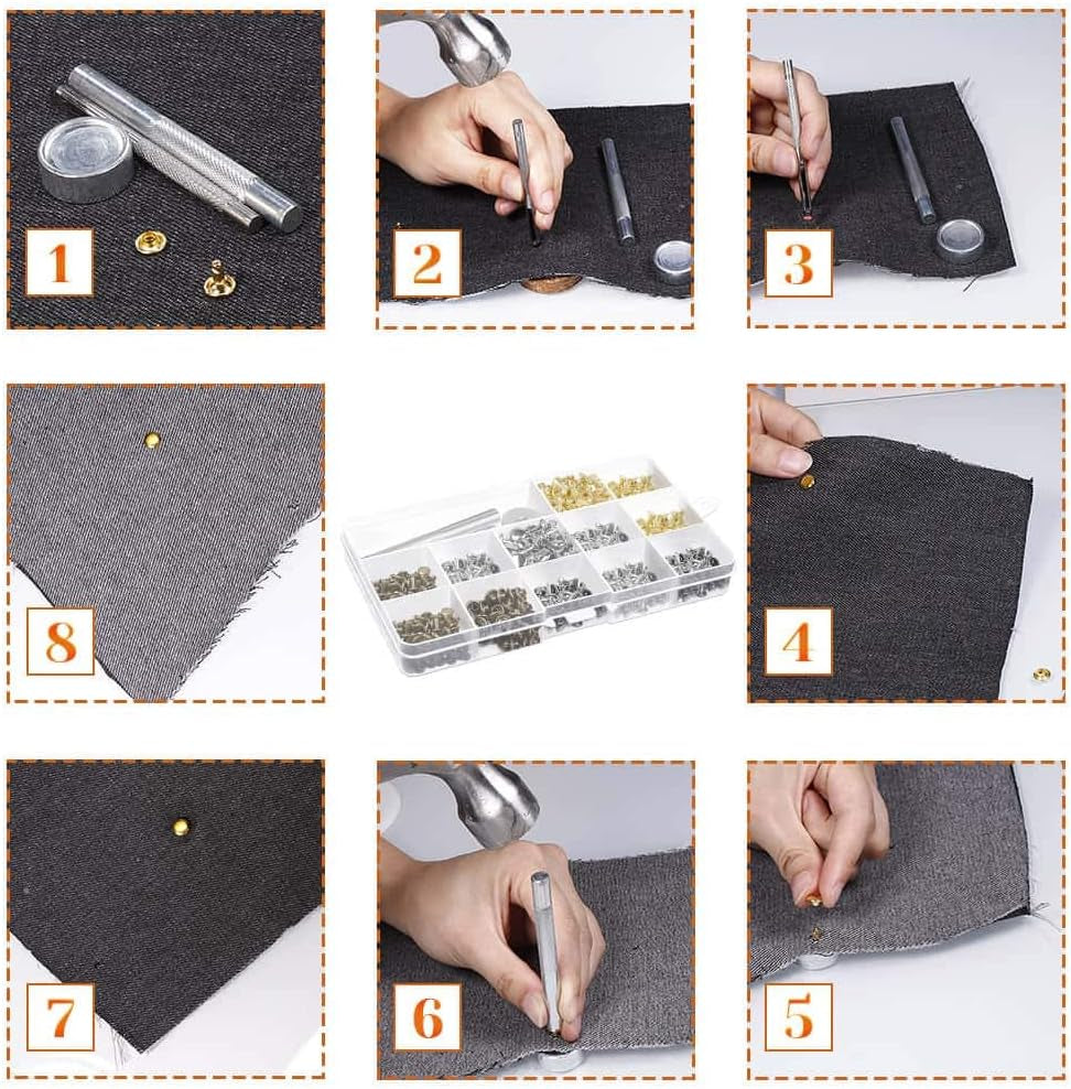 480 Sets 4 Colors 3 Sizes Leather Rivets Double Cap Rivet Tubular Metal Studs with 3 Pieces Setting Tool Kit for Leather Craft Repairs Decoration