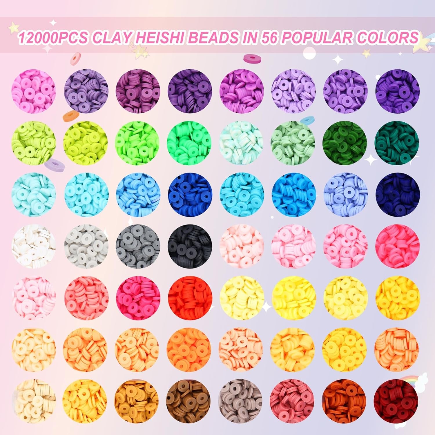12000Pcs Clay Beads for Bracelet Making, 56 Colors Flat round Polymer Clay Beads Spacer Heishi Beads for Jewelry Making with Trendy Beads, Pendant Charms Kit, Letter Beads and Elastic Strings
