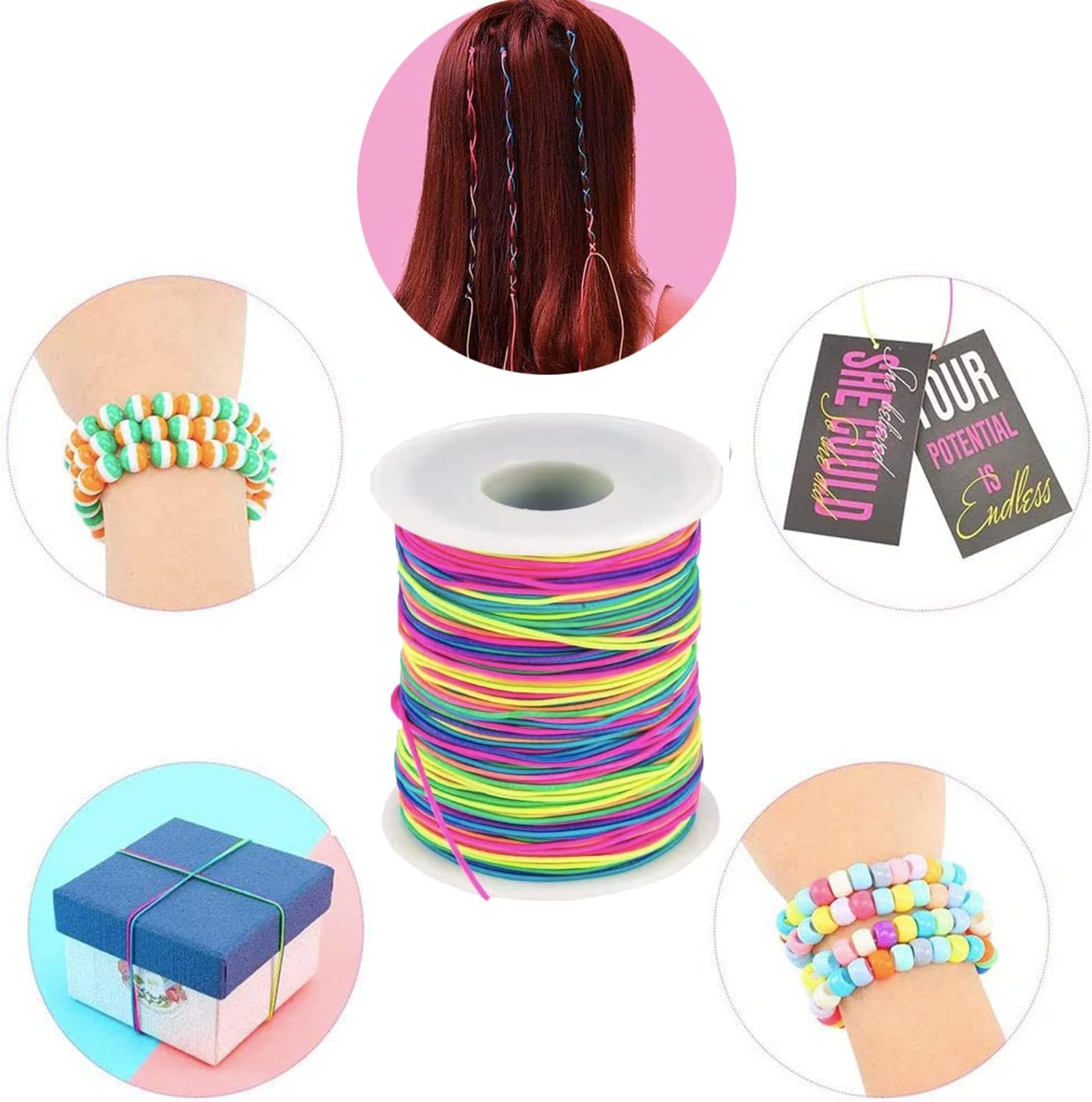 Elastic Beading Cords 100M Rainbow 1Mm Elastic Cord Pony Beads Crafts Pony Beading Thread Stretch String Craft Cord Pony Bead String