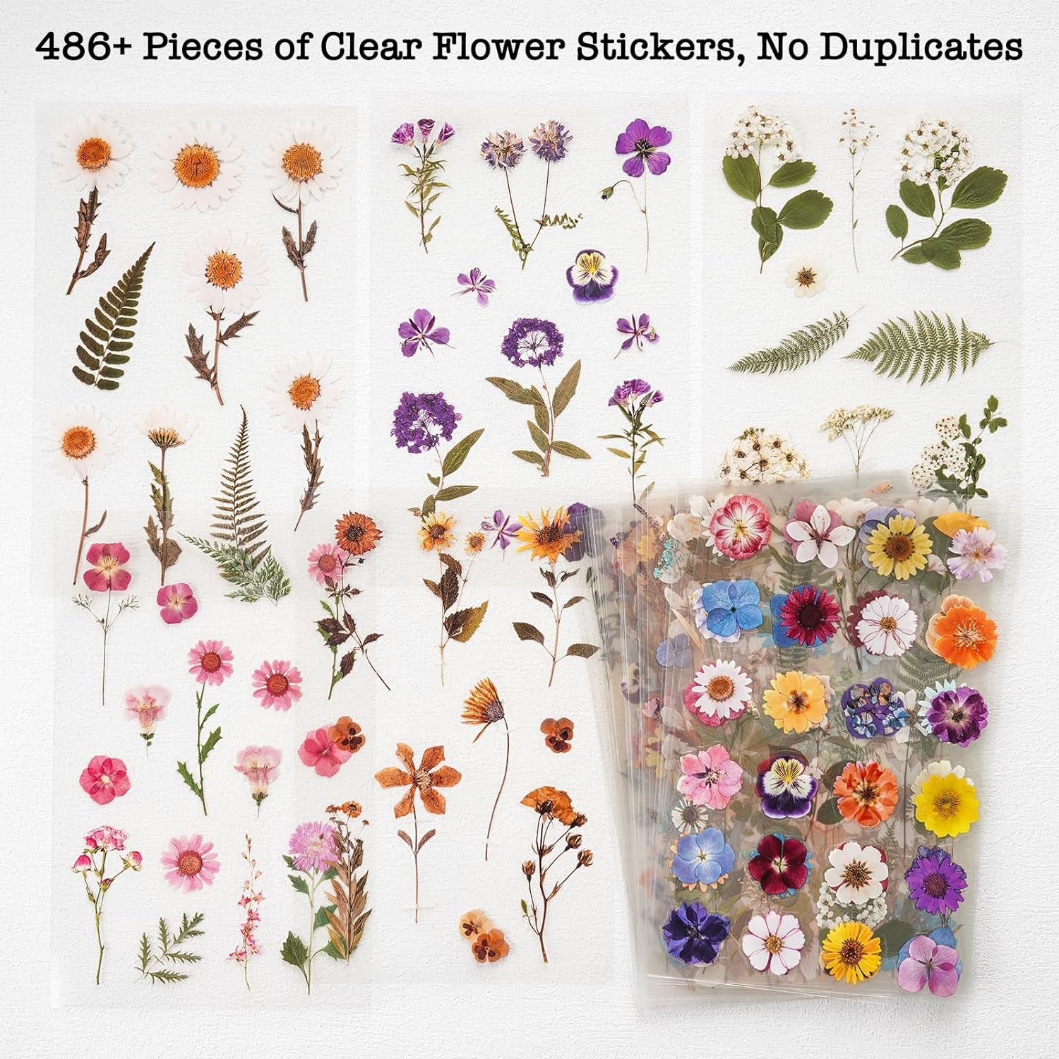 Pressed Flower Themed Stickers (Assorted 486 Pieces, 36 Sheets) Dried Floral Resin Stickers Decals Botanical Journaling Sticker for Scrapbook Supplies Junk Journal Bullet Journal Planner Laptop