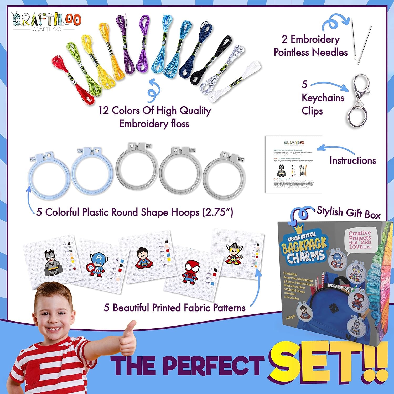 5 Stamped Superhero Cross Stitch Beginner Projects for Kids Needlepoint Starter Kit Sewing Set for Backpack Charms…