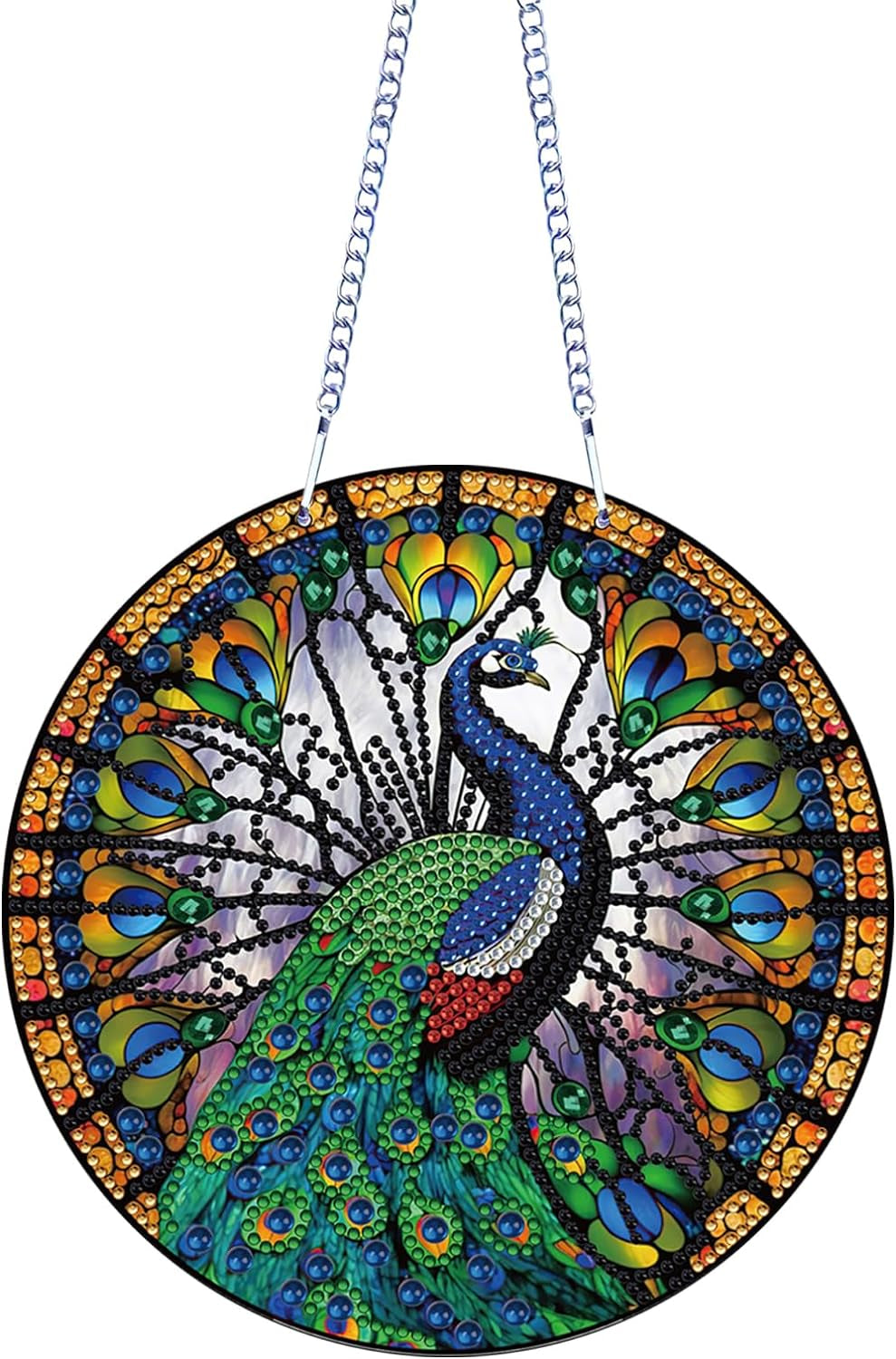 5D Peacock Diamond Painting Kits Hanging Pendants Wall Art Colored Imitation Glass Art Point Drill Crystal Diamond Art Window Pendants Home Garden Wall Door Birthday Festival Gifts