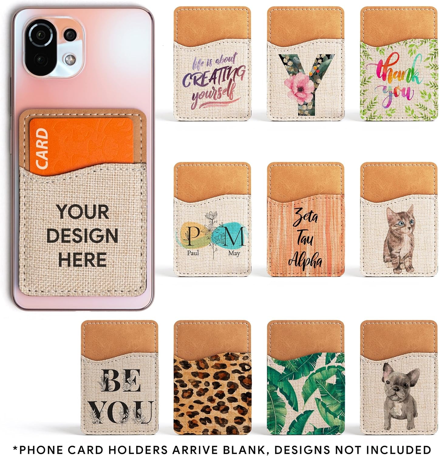 Sublimation Blanks Phone Wallet - PU Leather Card Holder for Back of Phone Stick on Iphone Android HTV Friendly DIY Blanks for Vinyl Projects (Beige Polyester Burlap)