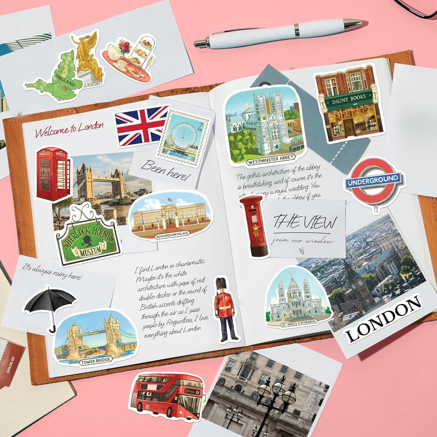 Bustling London Travel Stickers (28Pcs) - Gouache Style, English-Themed Vacation Decals for Journals, Scrapbooks, Luggage, Water Bottle