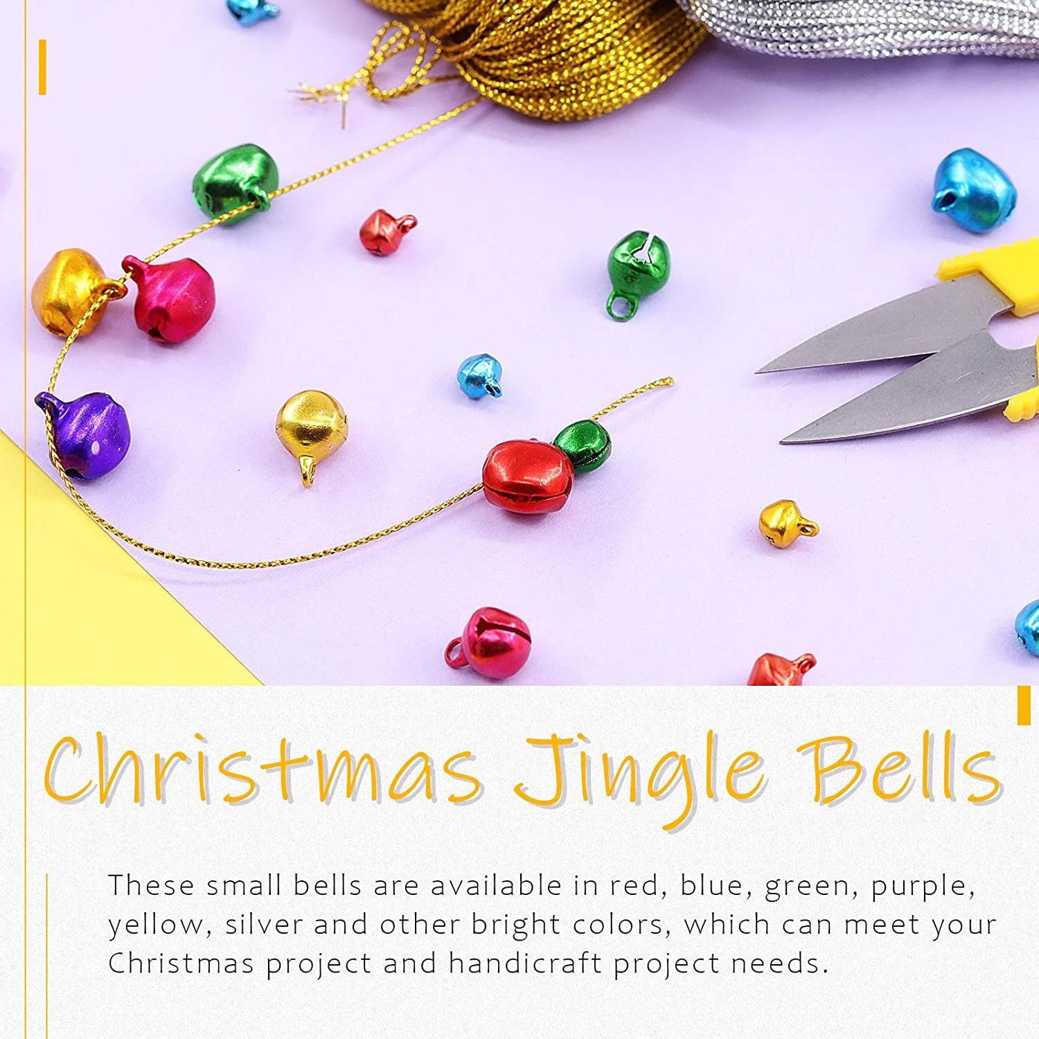 403Pcs Colorful 4 Sizes Christmas Jingle Bells Assortment Kit with 200M Gold Sliver Cord, Jingle Bells and Craft Bells, Perfect for Christmas Party Decorations Craft Decorations DIY Bells