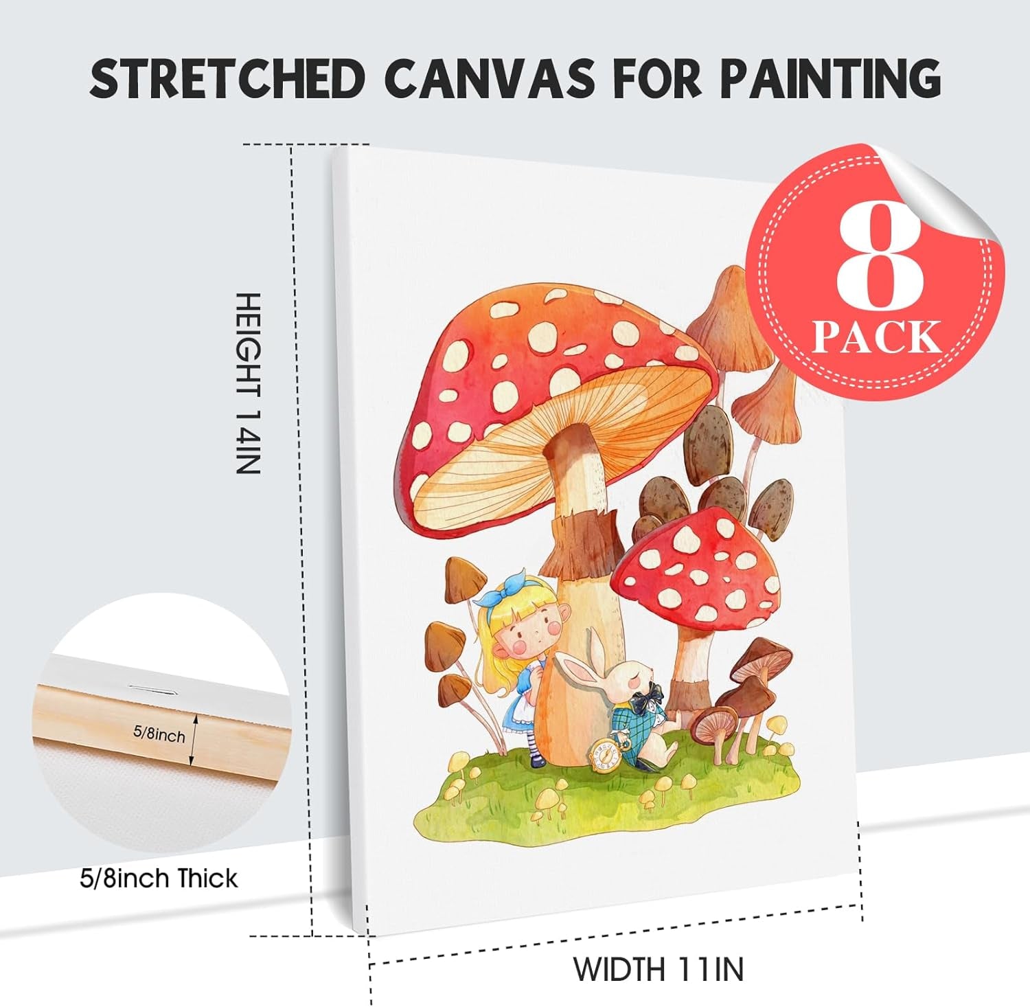 Stretched Canvas for Painting 11X14 Inch, 8 Pack Blank Canvas -5/8 in Profile Primed Cotton White Canvases for Painting for Oil & Acrylic Paint