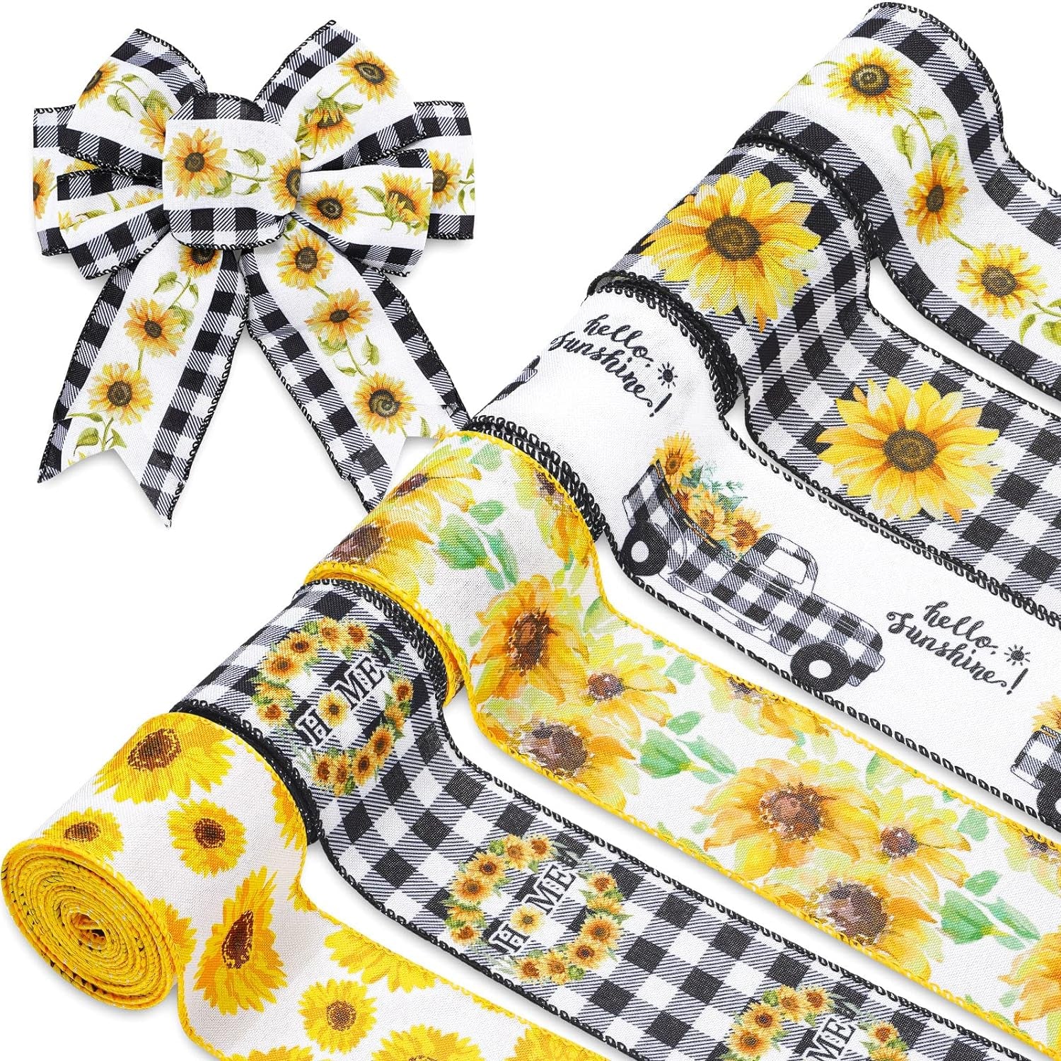 36 Yard Sunflower Wired Edge Ribbon 6 Roll 2.5 Inch Buffalo Plaids Flower Fabric Ribbon Spring Summer Floral Decorative Craft Ribbon for Gift Wrapping Decor Hair Bow Sewing Wreath Crafts