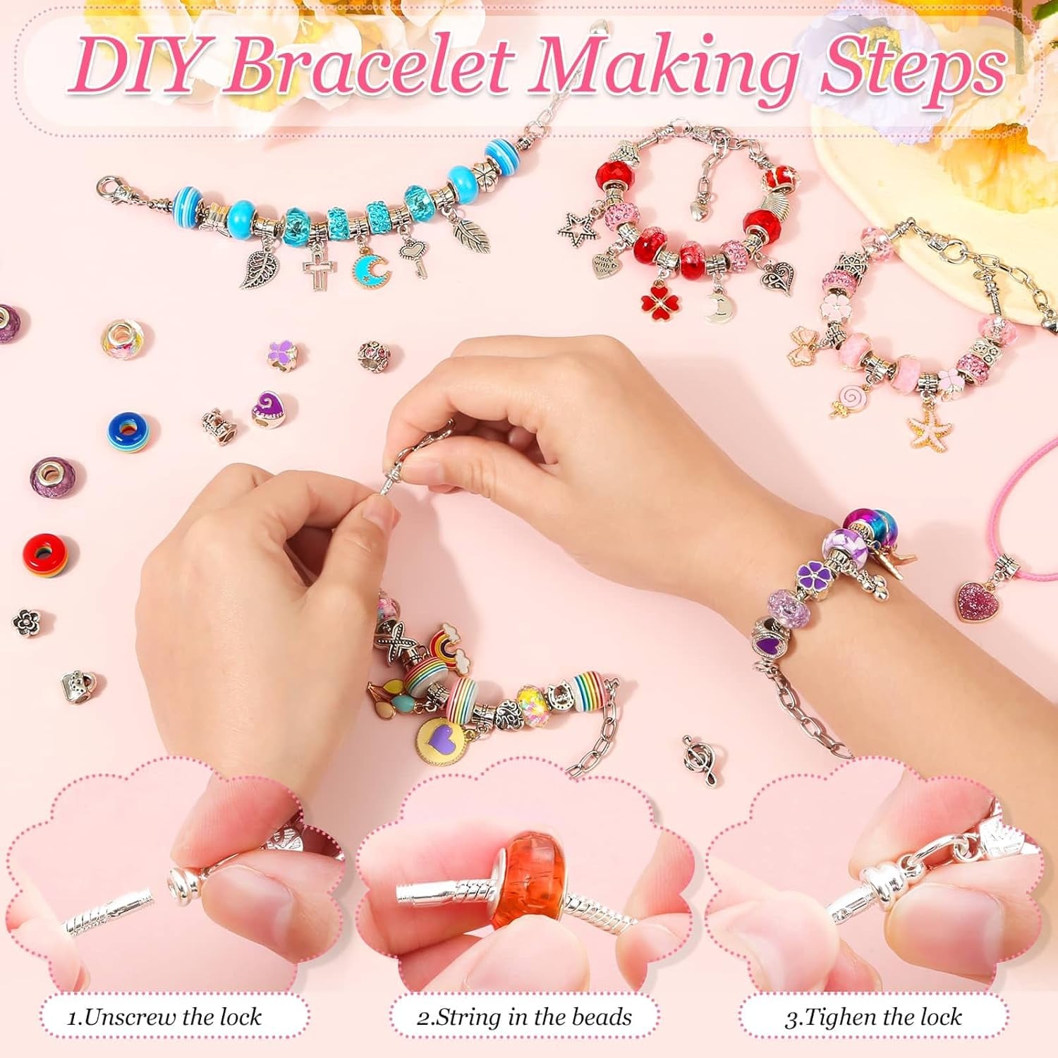 150Pcs Charm Bracelet Making Kit with Jewelry Box Girls Beads for Jewelry Making Kit with DIY Crafts Gift for Girls Bracelet Teen Women Birthday Valentine Gifts Christmas