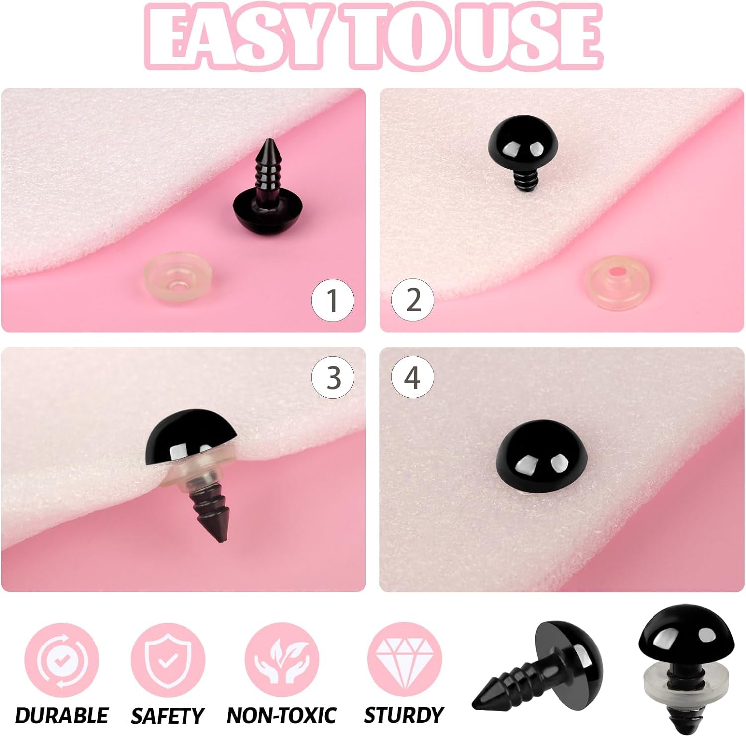 1200PCS Safety Eyes for Amigurumi, Stuffed Crochet Eyes with Washers 6Mm, 8Mm, 12Mm Plastic Crochet Safety Eyes Black Safety Eyes for Crochet Stuffed Animal Eyes for Craft Teddy Bear 6