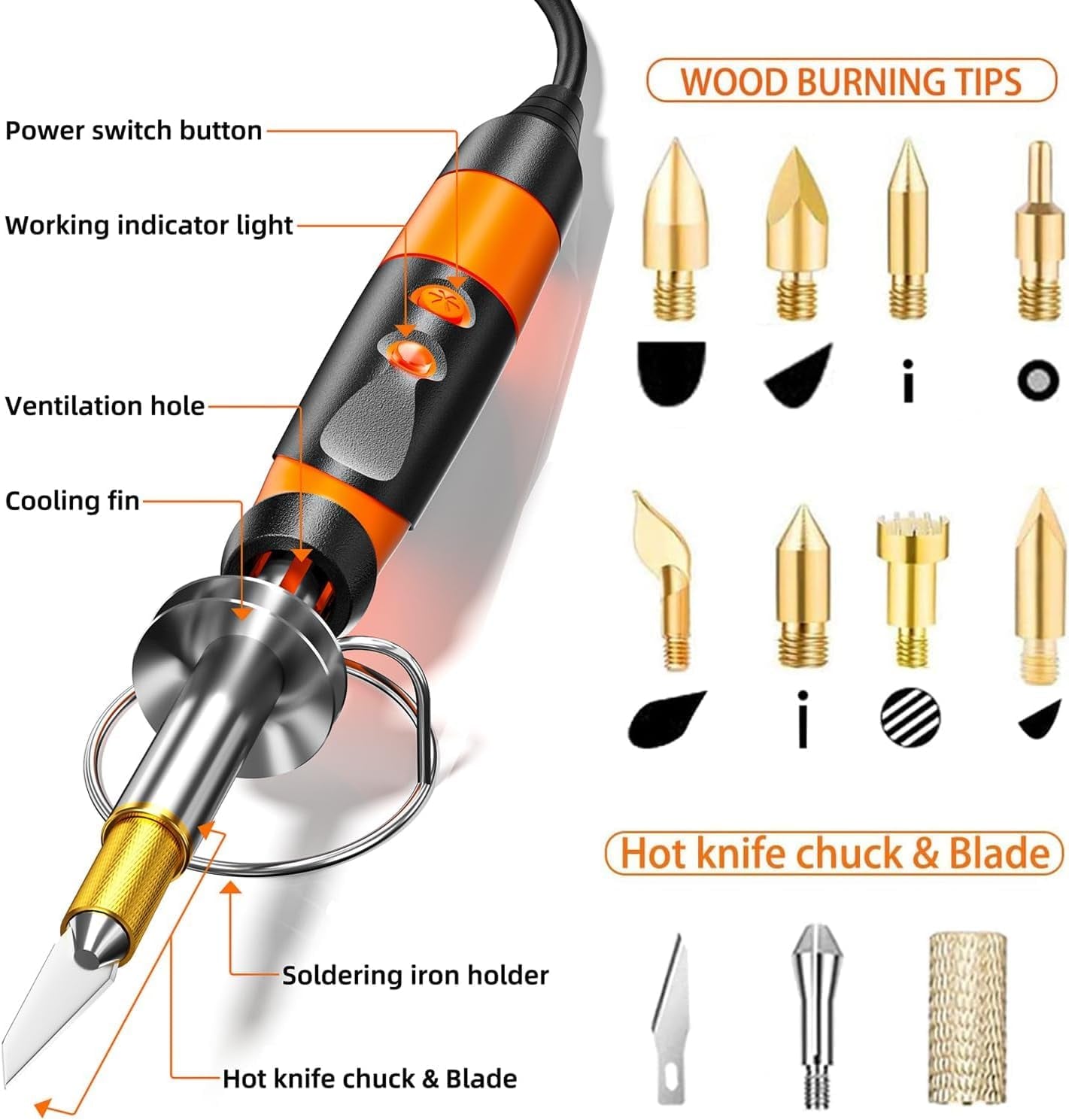 Wood Burning Kit, Professional Woodburning Pen Tool, DIY Creative Tools,Wood Burner for Embossing/Carving/Pyrography，Suitable for Beginners,Adults (Orange)