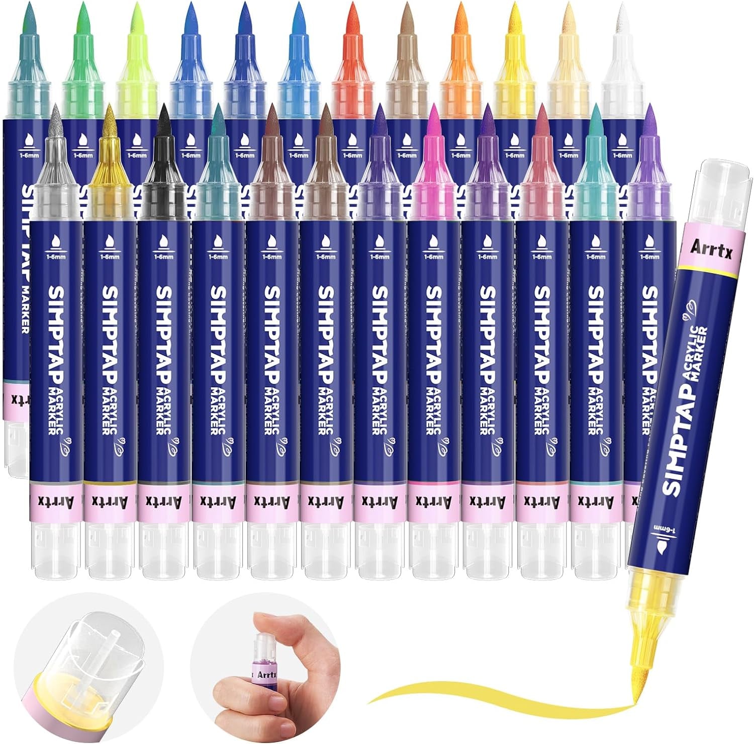 Top Valve Action Marker Pen, Set of 24 Colors Simptap Acrylic Paint Pens, Extra Brush Tip, Water Based Paint Markers for Stone, Glass, Easter Egg and Fabric Painting-Arts and Crafts for Adults