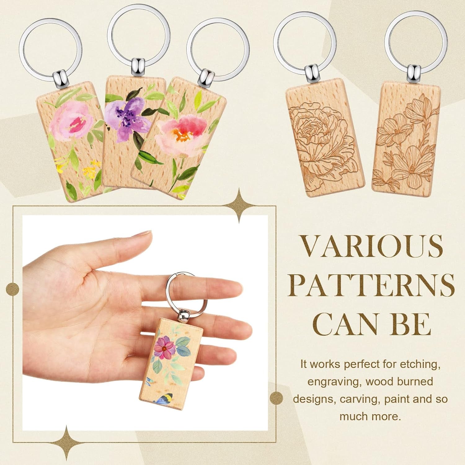 50 Pcs Wooden Keychain Blanks Laser Engraving Blanks Wood Blanks Key Chain Bulk Unfinished Wooden Key Ring Key Tag for DIY Gift Crafts