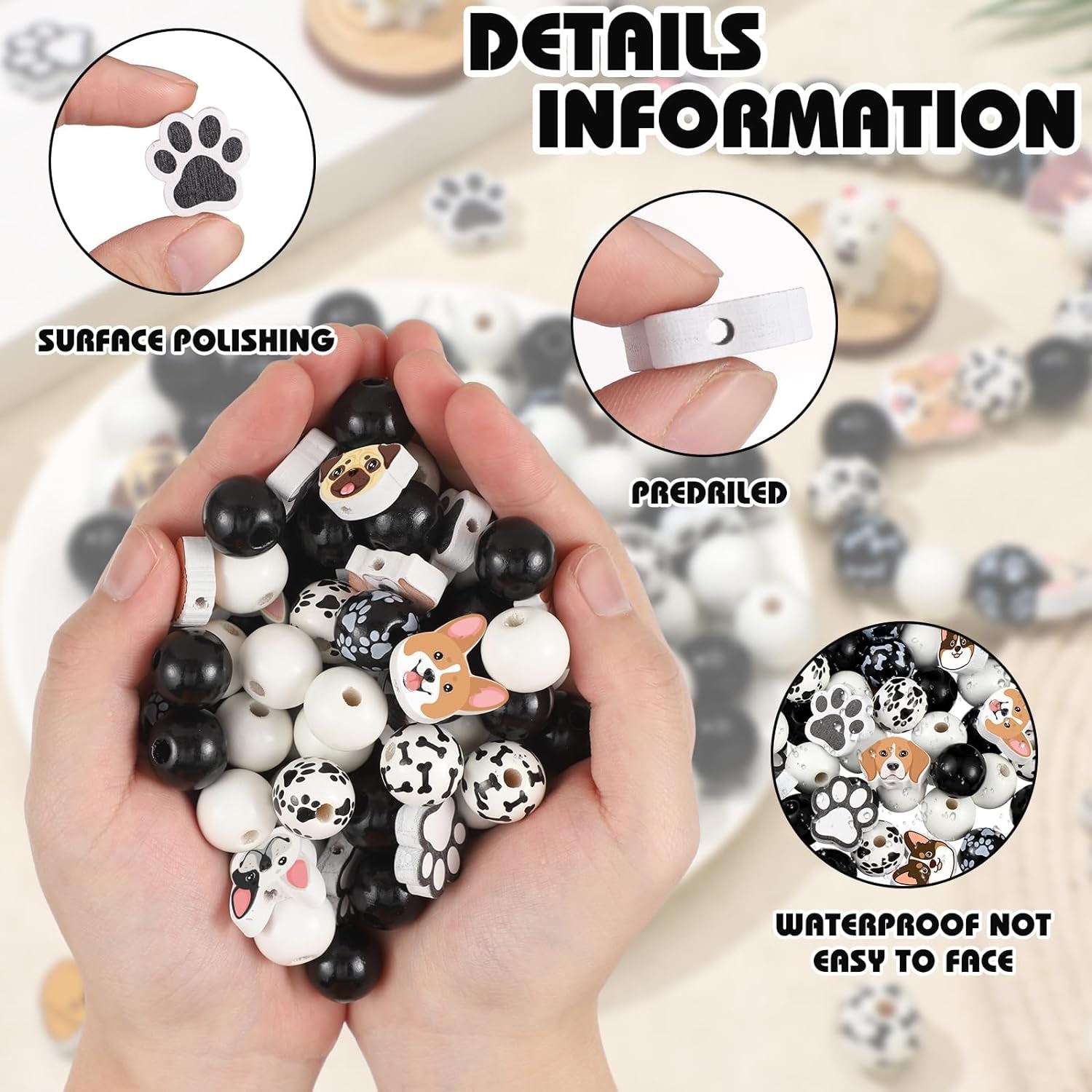 200 Pcs Dog Paw Bone Wooden Beads Puppy Paw Footprint Spacer Bead Colorful Paw Bone Print Wood Beads Black and White Craft Bead Jewelry Making Bubblegum Bead for Pet Charm DIY Home Decor Party