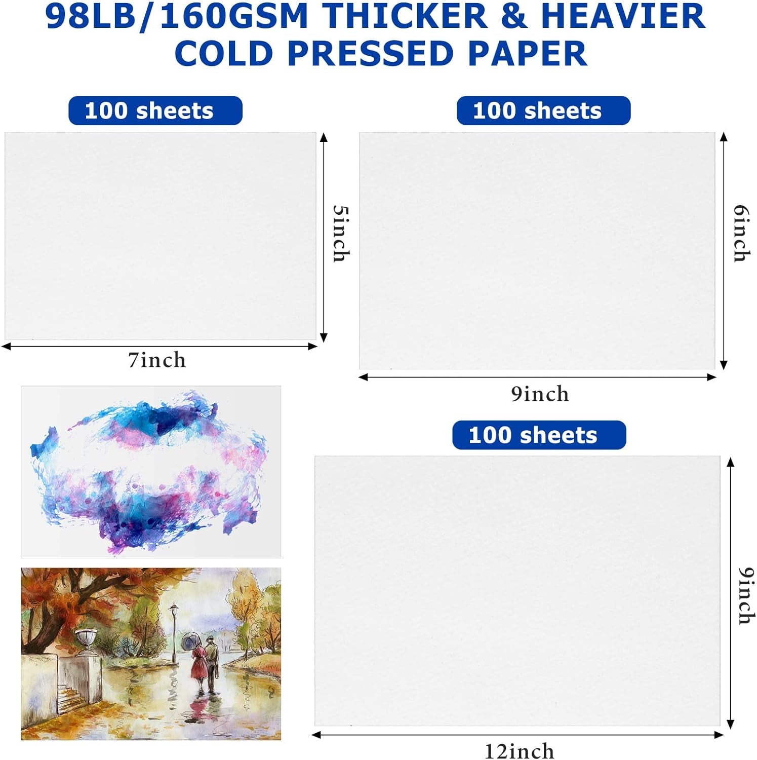 300 Sheets 3 Sizes Watercolor Paper 90 Lb/ 160 GSM White Cold Press Paper Pack Paint Water Color Paper for Kids Students Painting Beginners Artists Drawing Sketch, 5 X 7, 6 X 9, 9 X 12