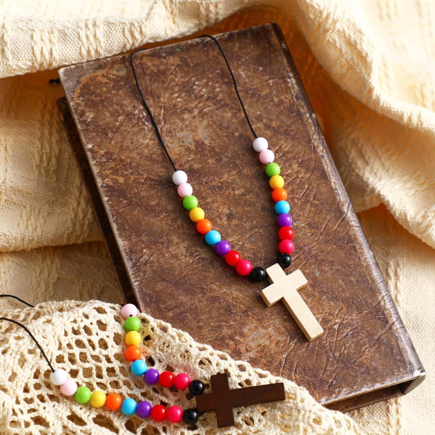 48 Sets DIY Religious Crafts Wood Cross on Cord Wood Cross Pendant Necklace Bracelet with Colorful Assorted Beads Wooden Crosses Crafts