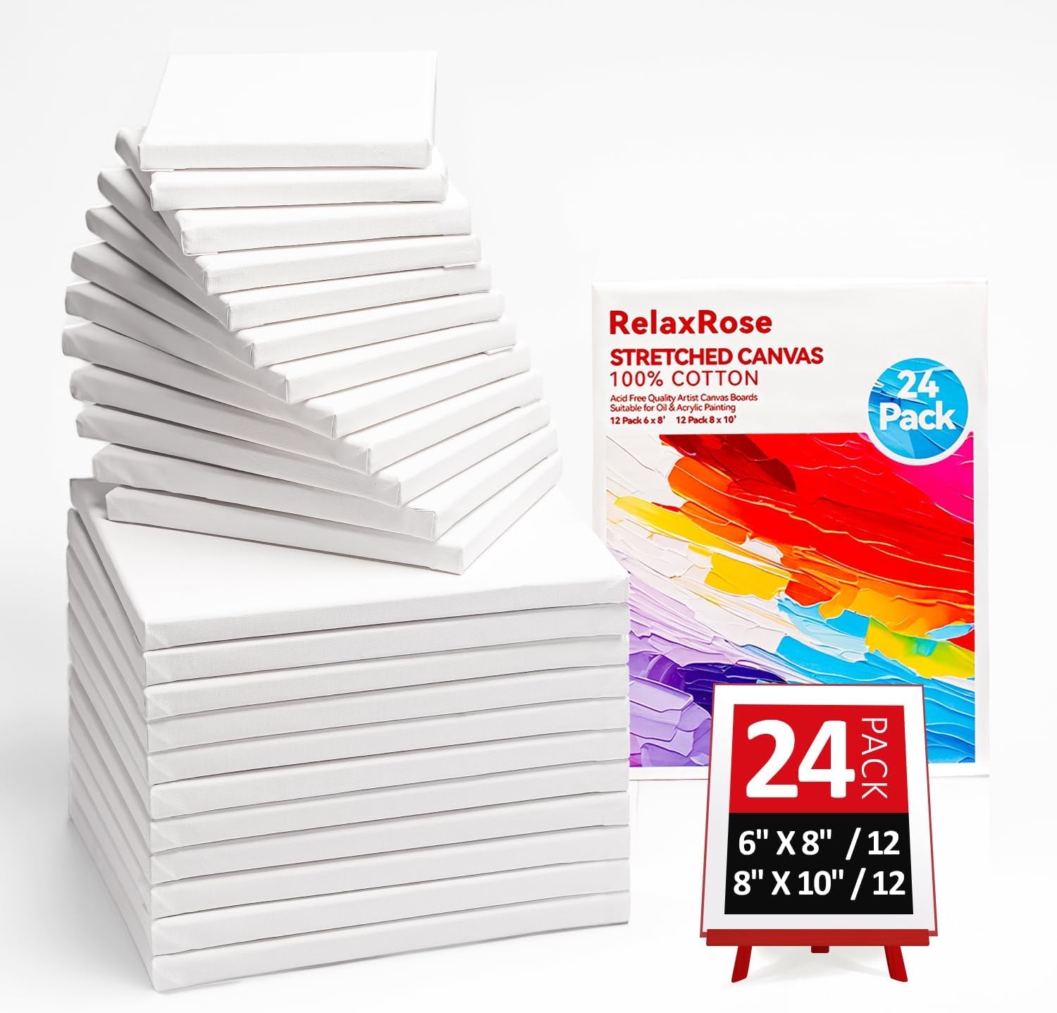 24 Pack Stretched Canvas for Painting, 6X8, 8X10, Each of 12, 100% Cotton & Primed White Canvas Boards for Beginners, Kids, Artists - Ideal for Oil, Acrylic, Watercolor & Pouring