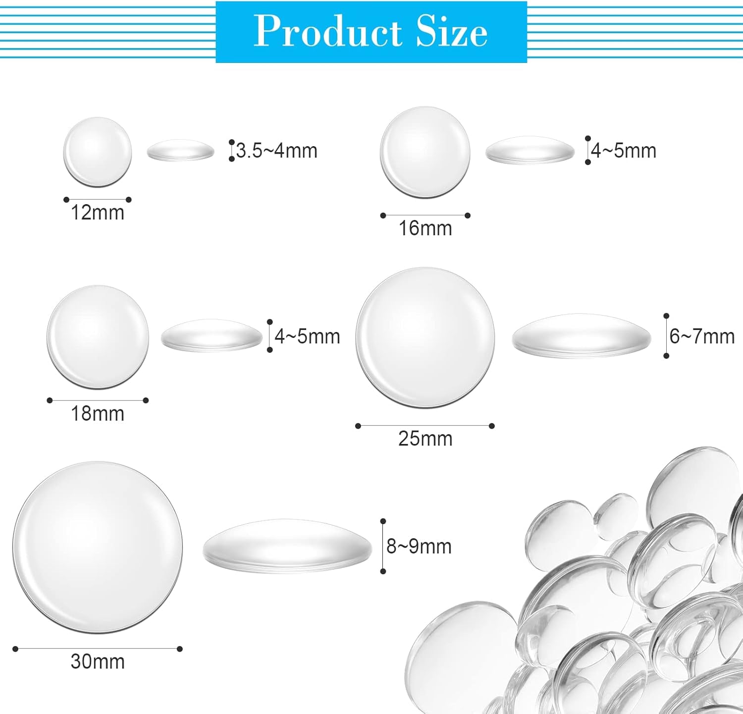 100 Pieces Transparent Glass Cabochon Dome round Cabochon Tiles for Jewelry Making Craft Transparent Half round Flat Back for DIY Earring Necklace Ring (12 Mm, 16 Mm, 18 Mm, 25 Mm, 30 Mm)