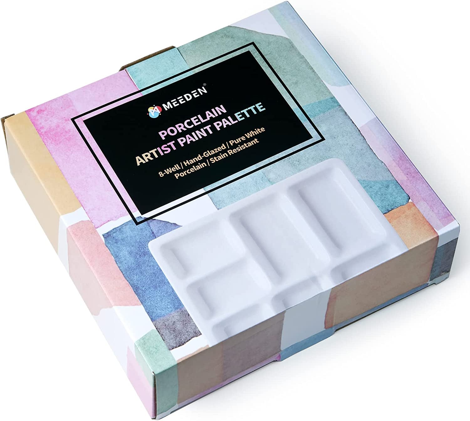 8-Well Ceramic Artist Paint Palette, Square Porcelain Watercolor Palette, White Ceramic Mixing Tray for Gouache Painting, Oil Painting, Acrylic Painting &amp; Tempera Painting, 7"× 7"× 0.9"