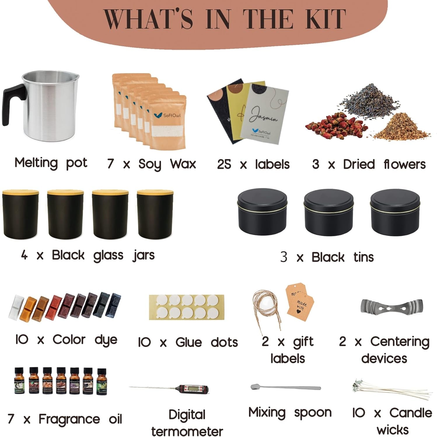 Premium Soy Candle Making Kit - Black Edition - Full Set - Soy Wax, Big 7Oz Jars & Tins, 7 Pleasant Scents, 10 Color Dyes & More - Perfect as Home Decorations
