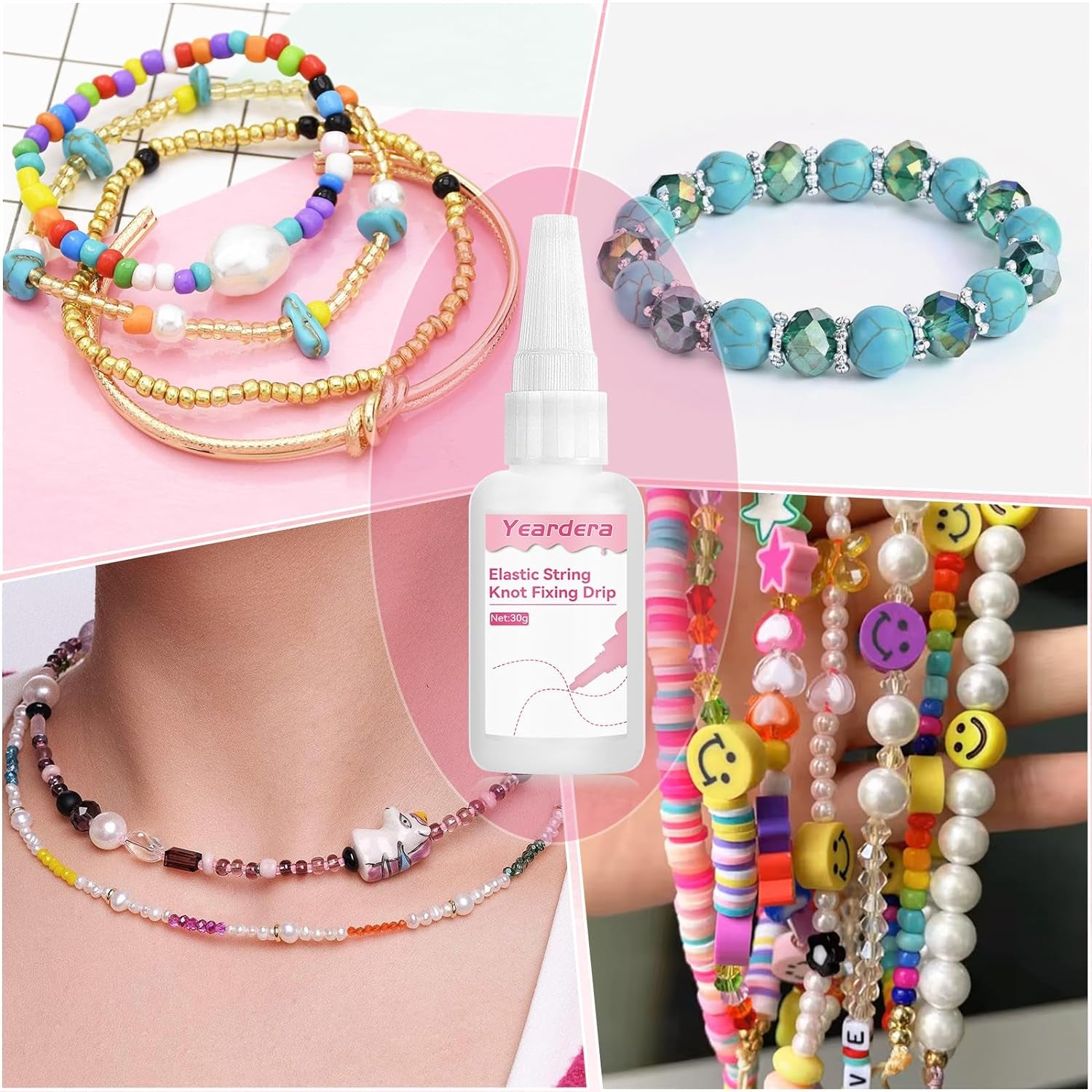 Bracelet String Professional Elastic String Kont Fixing Drip 60G, Clear Bracelet Glue, Keep Stretchy Bracelet String Stay Perfectly Tied for Clay Beads, Jewelry Making Supplies（2Pcs 30G/1Pcs）