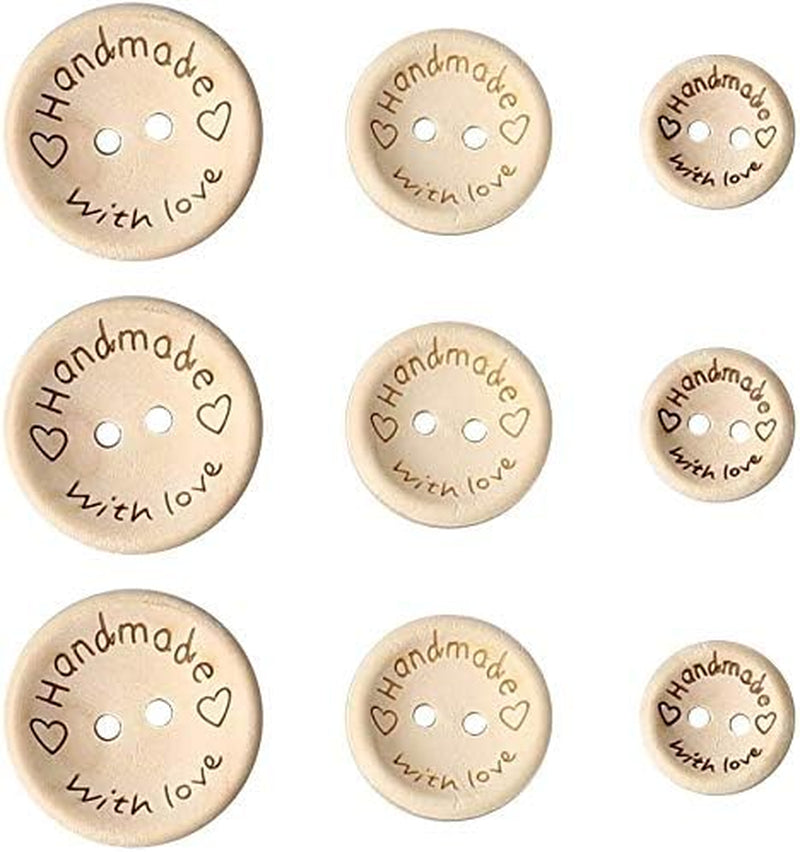 300 Pieces Wooden Handmade with Love round Craft Decor 2 Holes Wooden Sewing Buttons (15,20,25Mm)