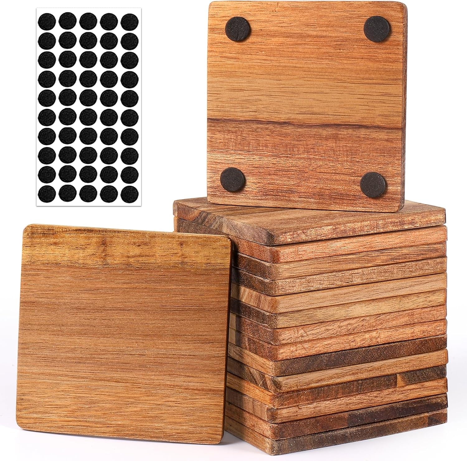 16 Pieces Unfinished Wood Coasters, 4 Inch Square Acacia Wooden Coasters for Crafts with Non-Slip Silicon Dots for DIY Stained Painting Wood Engraving Home Decoration