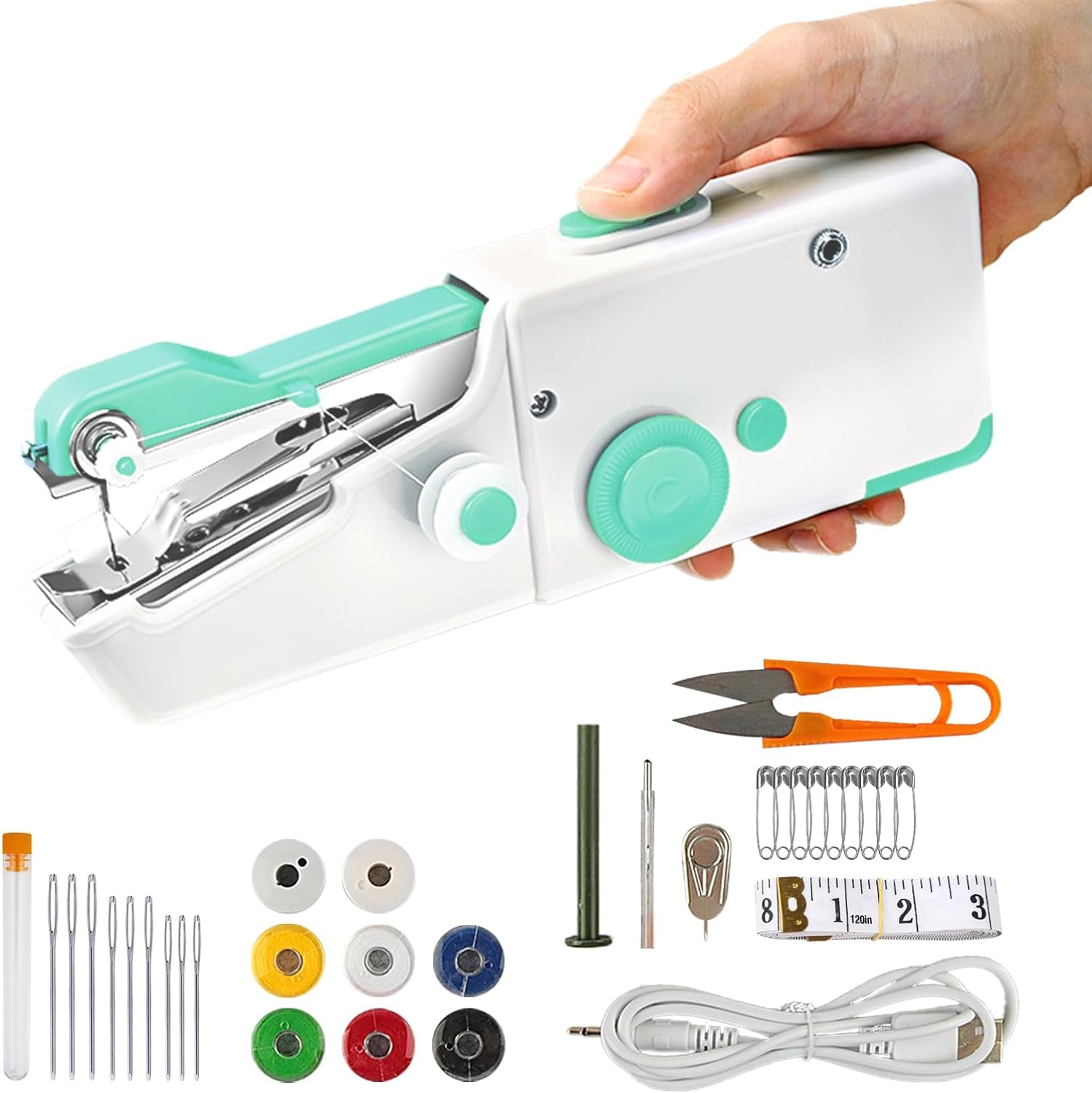 Handheld Sewing Machine, Mini Portable Sewing Machine Rechargeable for Quick Stitching 33Pcs, Cordless Sewing Machine for Beginners Suitable for Home Travel DIY Pattern Sewing Clothes, Blue