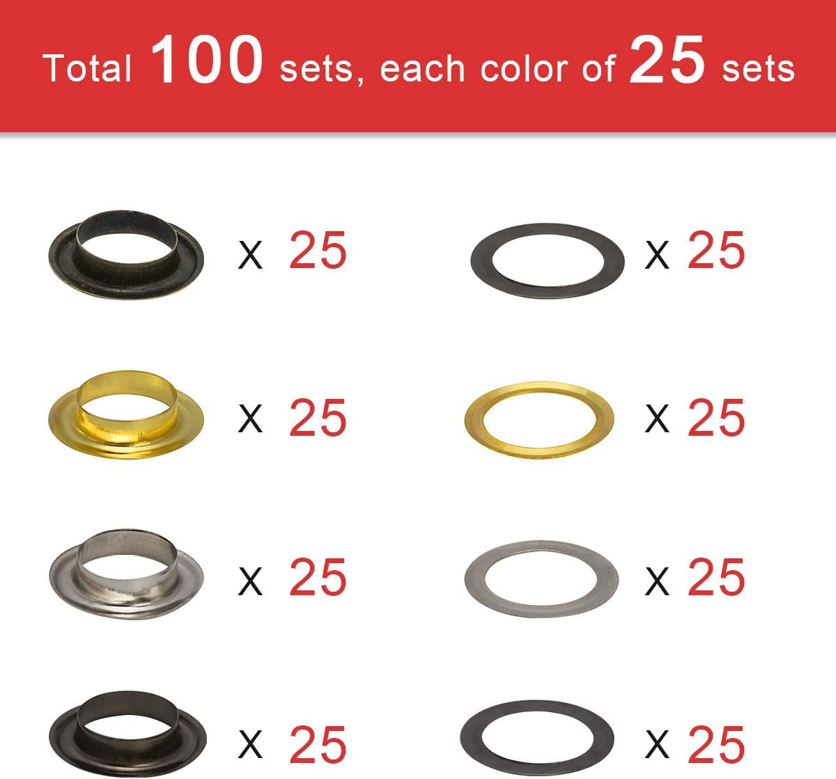 1/2 Inch Grommet Kit 100 Sets,  Grommets Eyelets 12Mm Sewing Eyelets Gold, Silver, Black Metal Grommet Kits 4 Colors with Tools and Storage Box