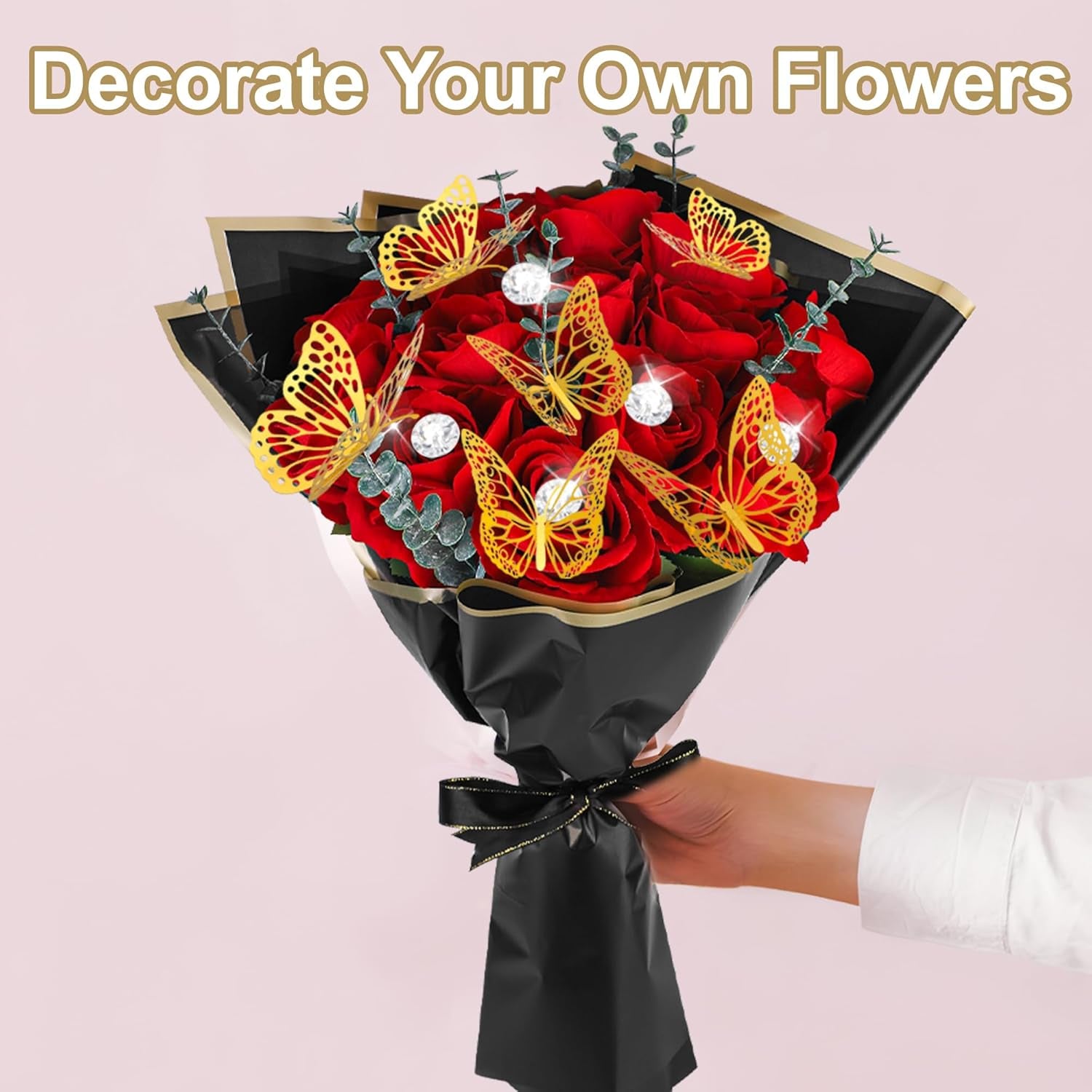 40 Sheets Flower Wrapping Paper Kit Floral Bouquet Wrap Paper with 2 Rolls Ribbons 100 Pcs Flower Pins 48 Pcs 3D Butterflies for Valentine Mother'S Day Wedding Birthday Graduation DIY Gift (Black)