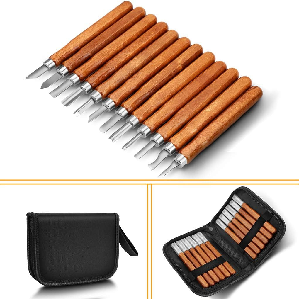 Wood Carving Tools,  12 Set SK2 Carbon Steel Sculpting Knife Kit for Beginners & Professions