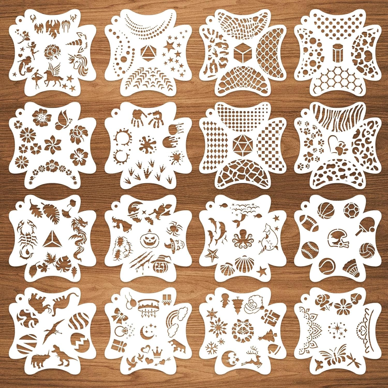 16 Pcs Face Paint Stencils, 121 Patterns Body Facial Painting Stencils, Reusable Mermaid Scale Flowers Face Tattoo Stencils Makeup Kit Face Tracing Stencils for Christmas Holiday Halloween Party